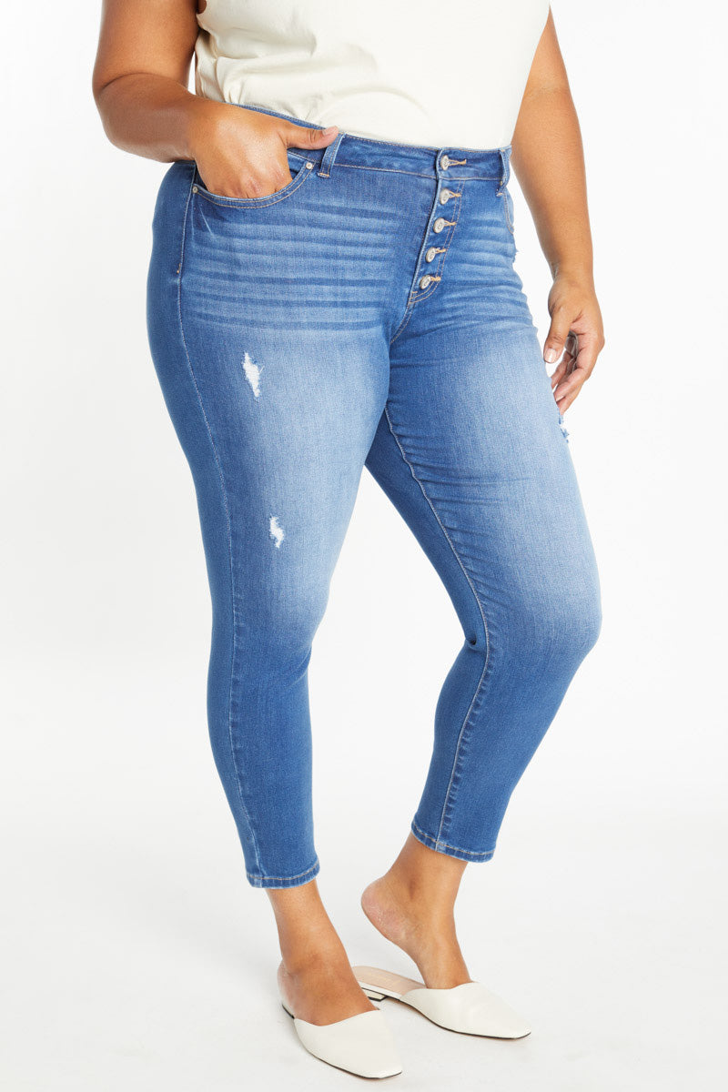High Rise Ankle Skinny Jeans with 5 Exposed Button-1