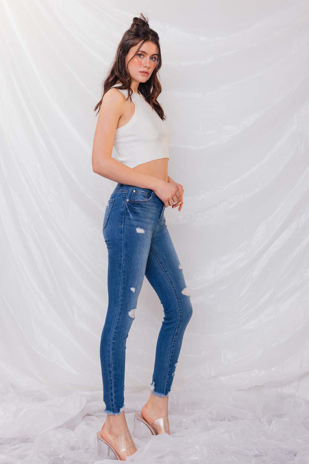 Destructed High Rise Ankle Skinny Jeans-4