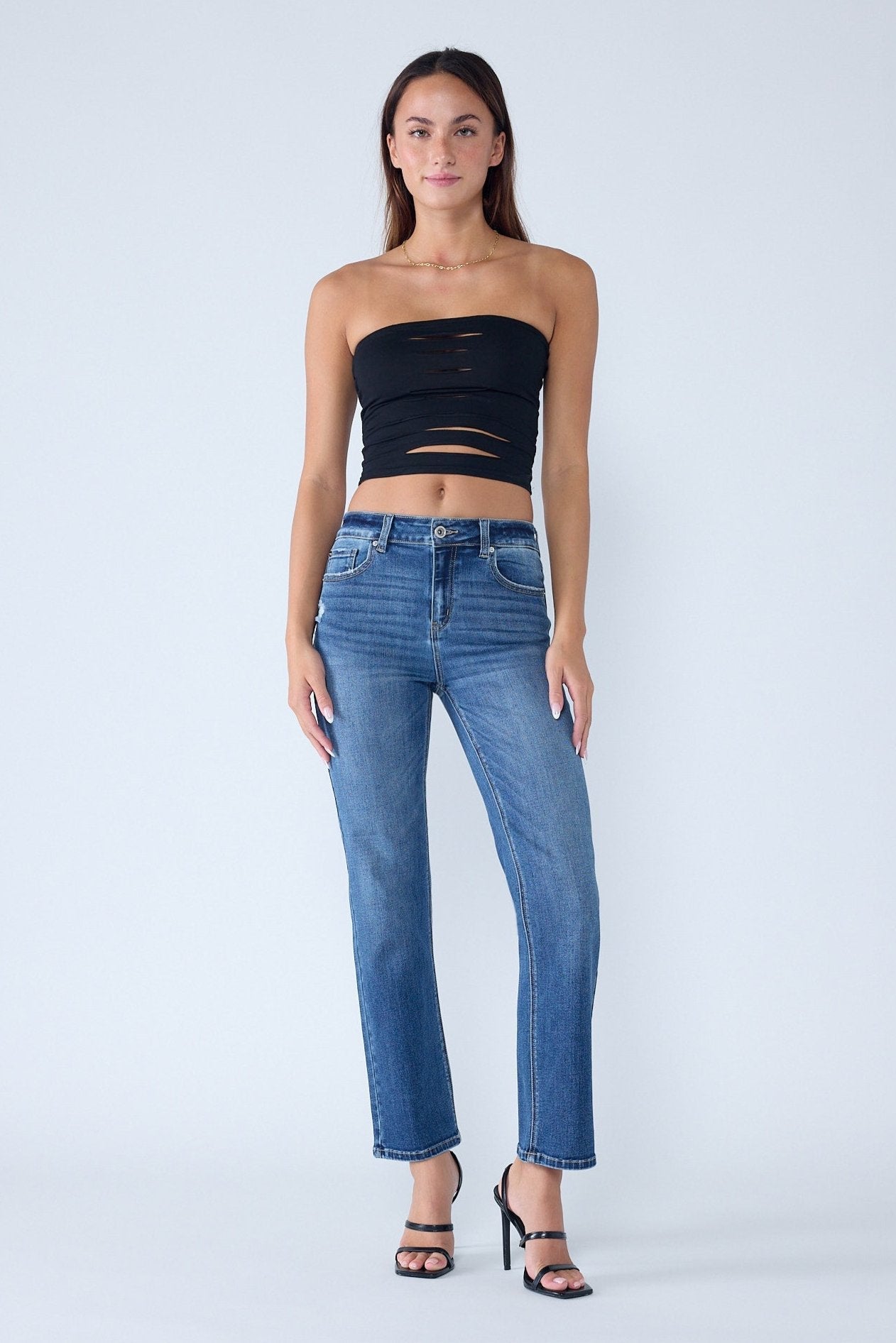 High Rise Destructed Straight Jeans-0