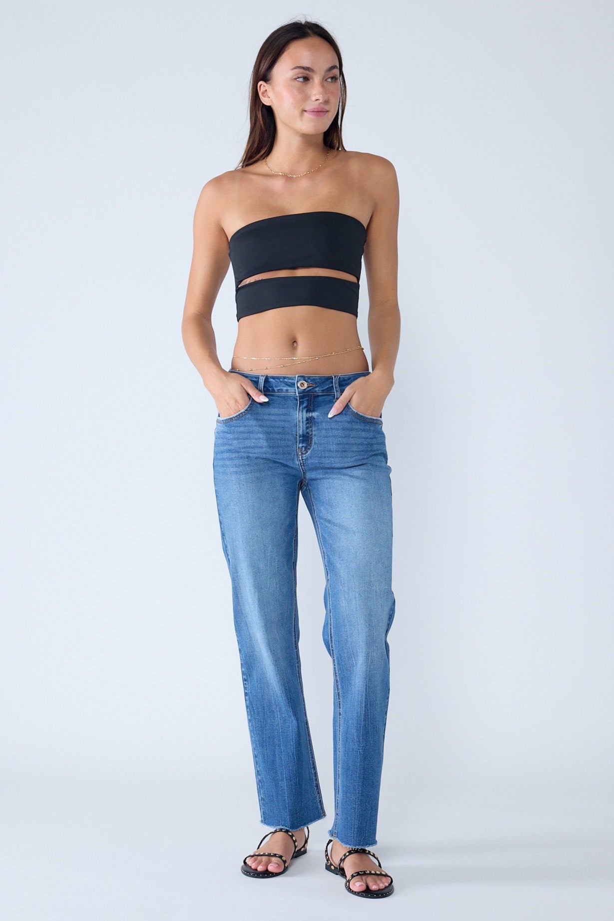 High Rise Knee Down Tie Wash Straight Jeans-0