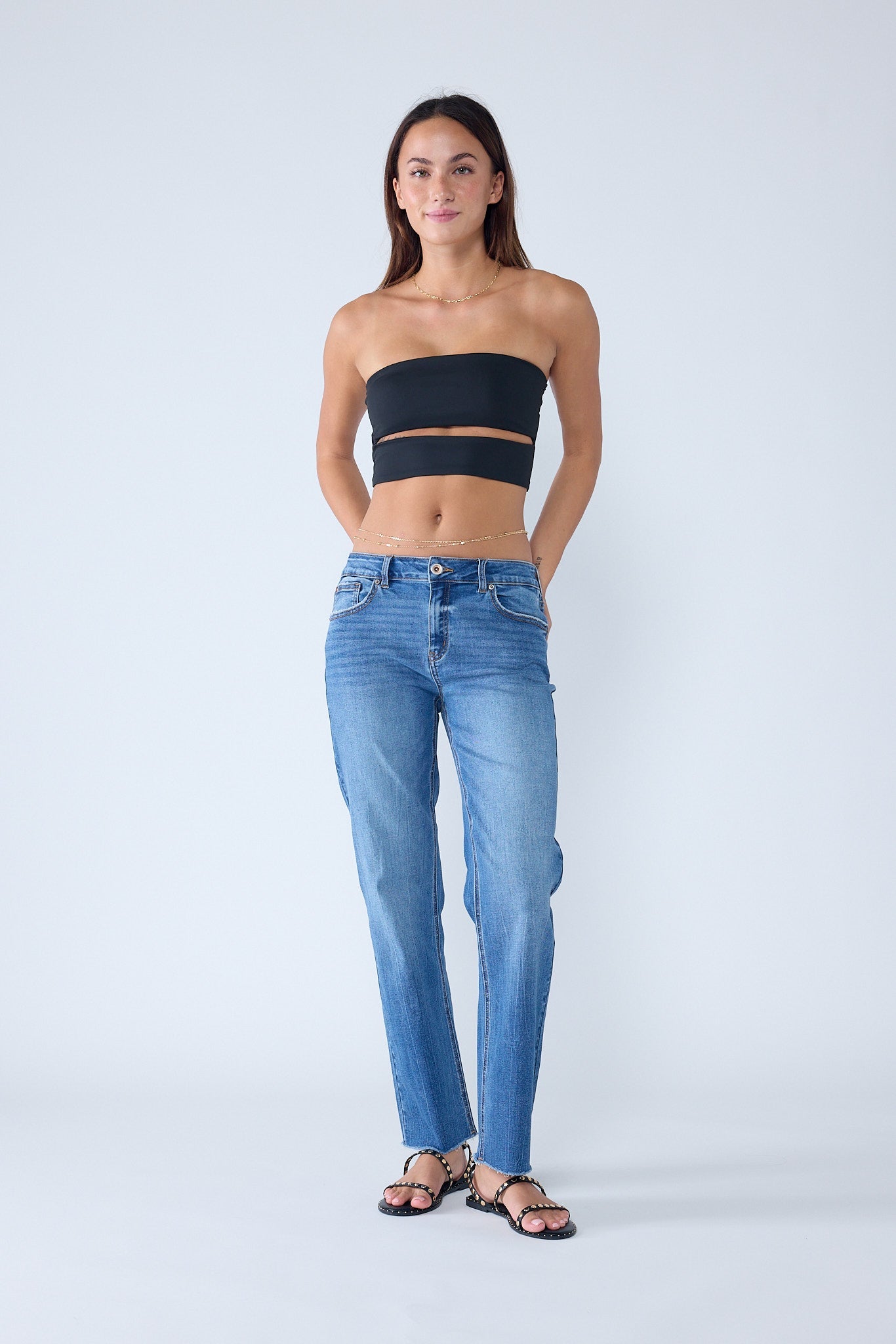High Rise Knee Down Tie Wash Straight Jeans-5