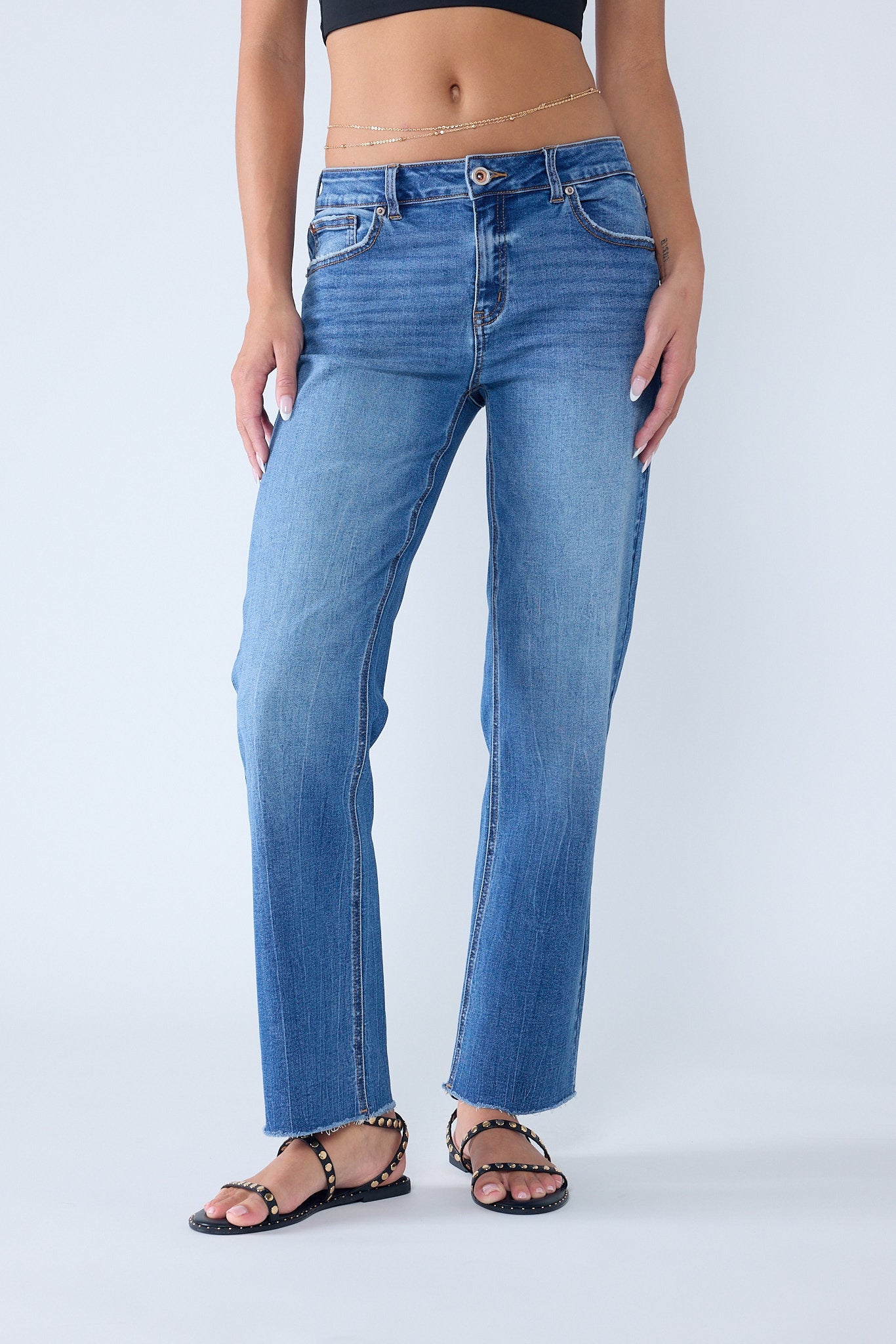 High Rise Knee Down Tie Wash Straight Jeans-2