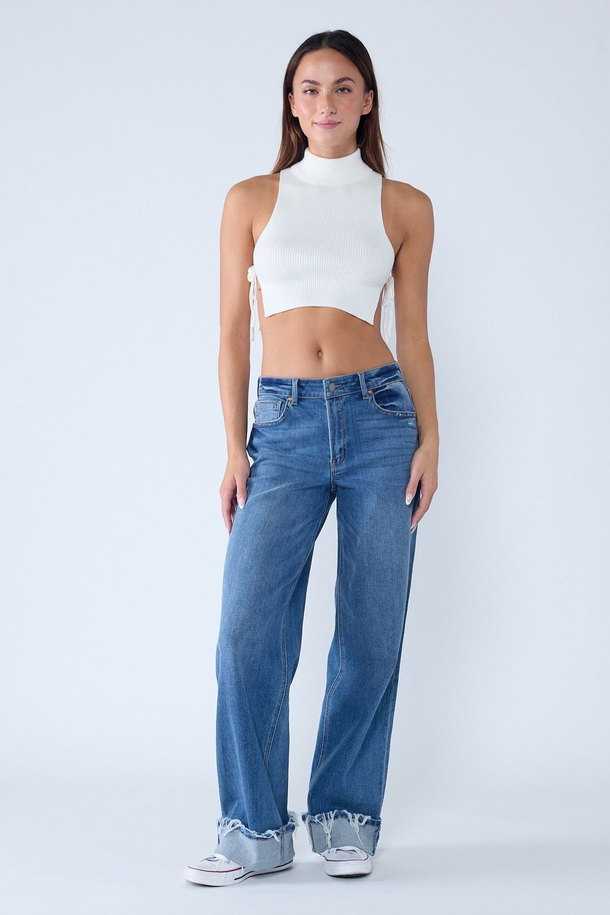 Low Rise Baggy Cuffed Wide Leg Jeans-0