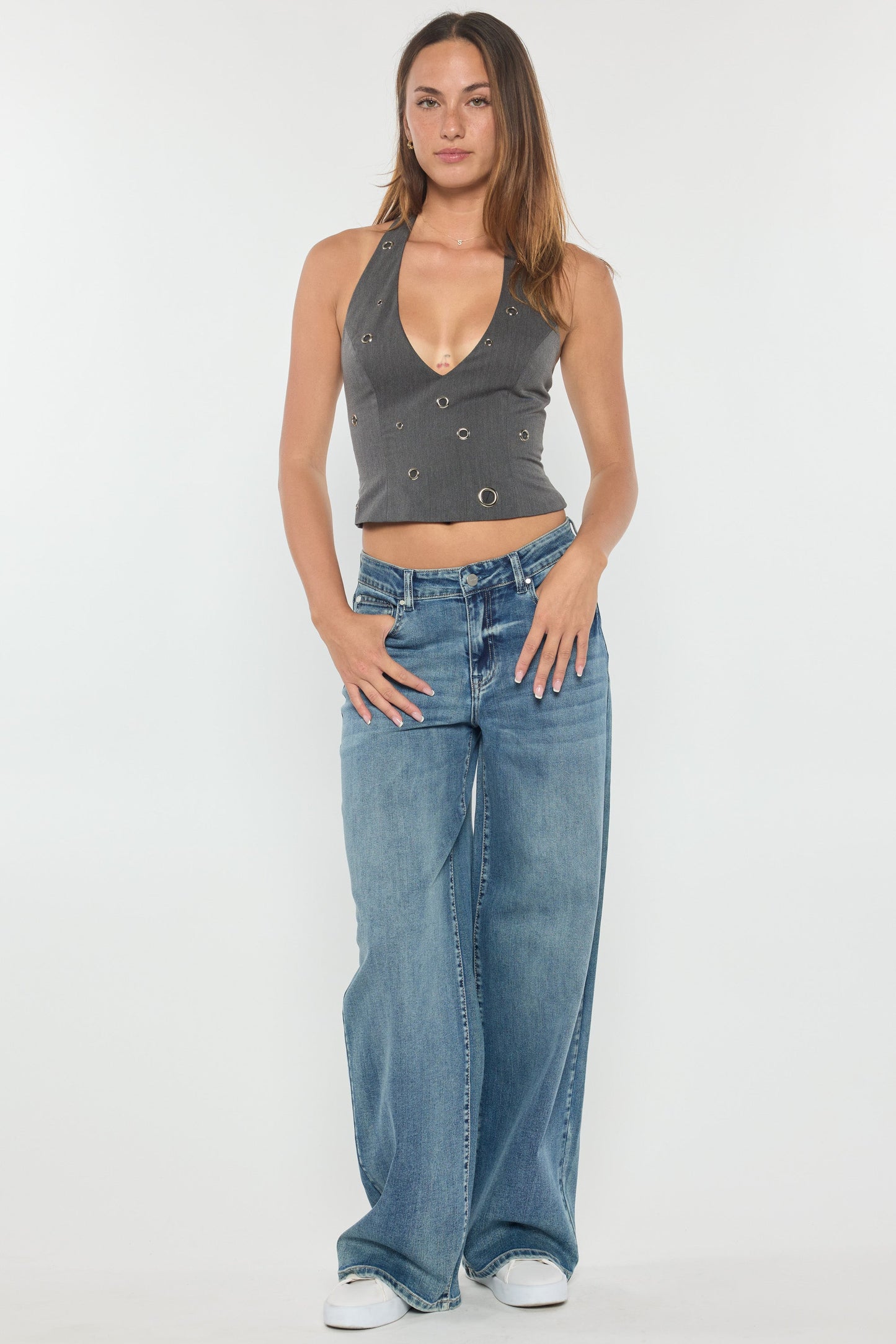 Mid Waist Relaxed Wide Leg Jeans with Heavy Brushed Wash-3