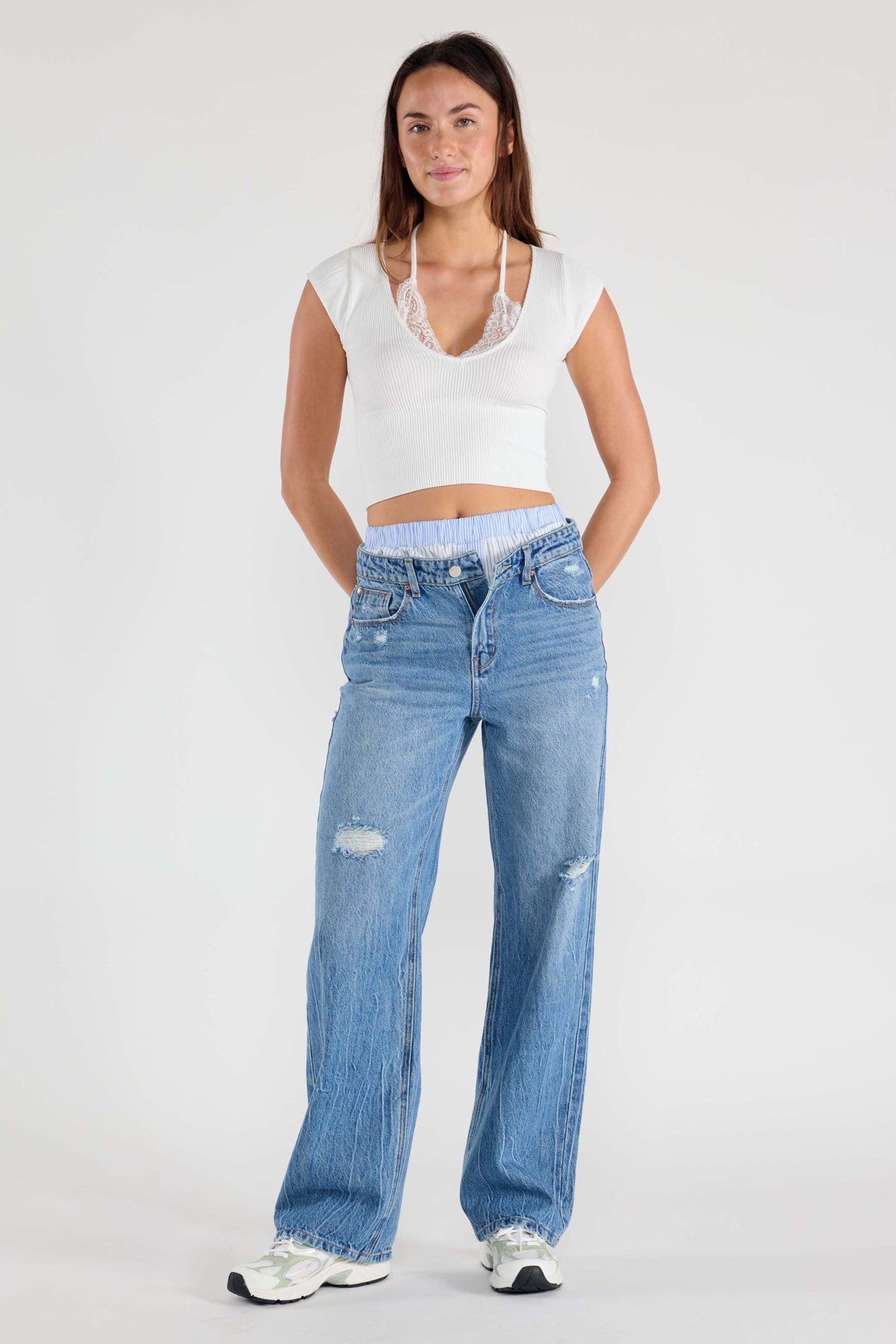 Low Waist Relaxed Straight Jeans with Tie Wash-0