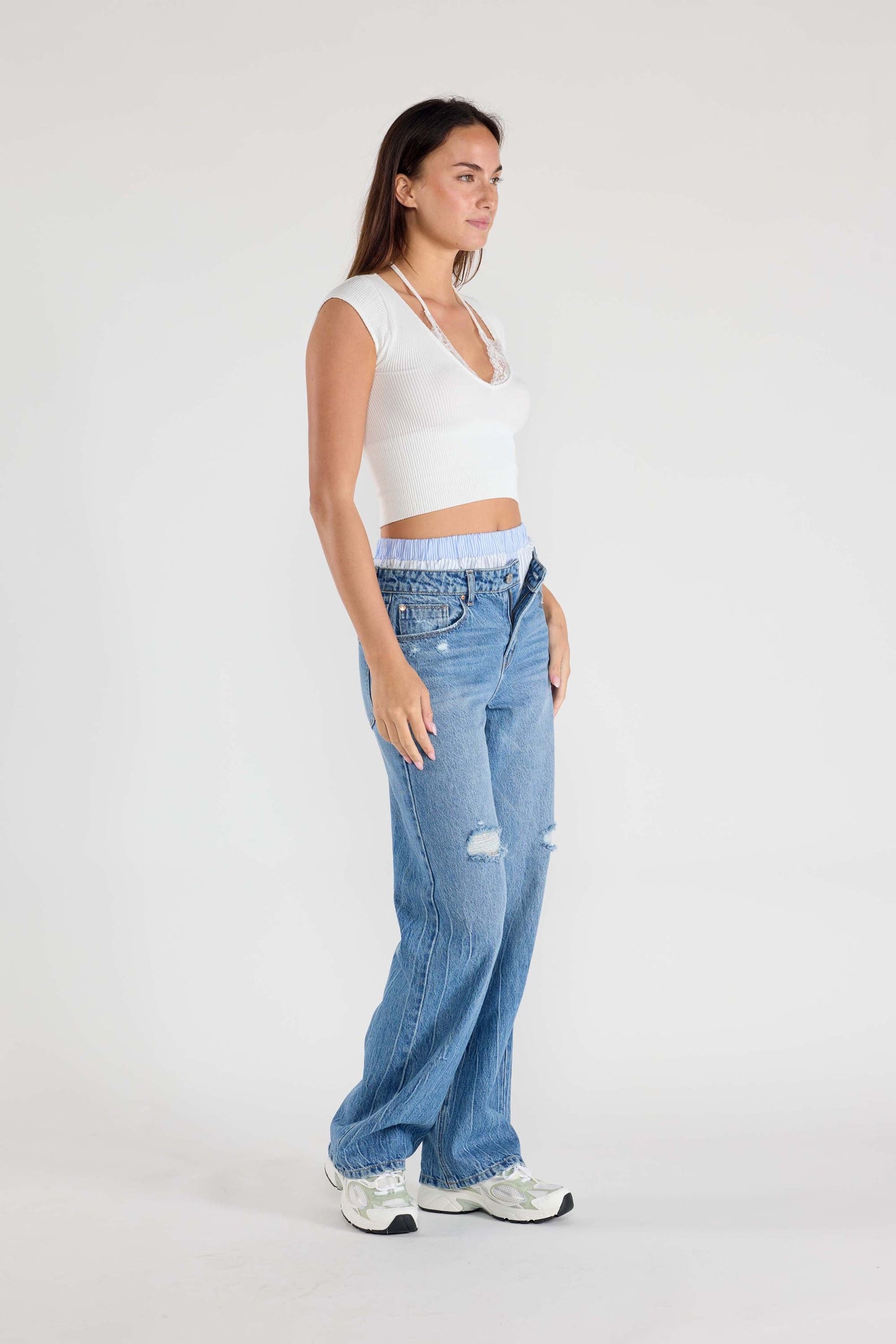 Low Waist Relaxed Straight Jeans with Tie Wash-3