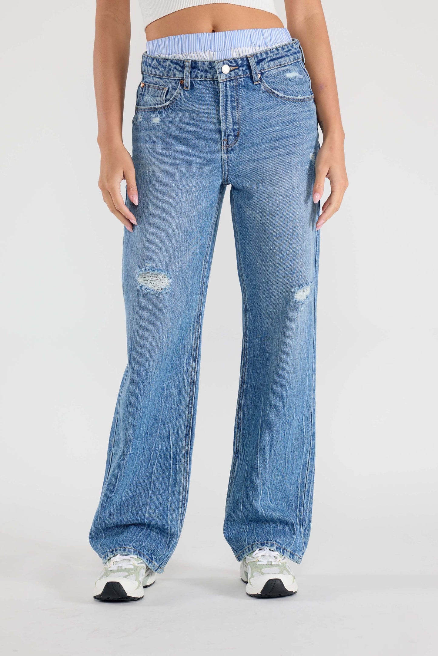 Low Waist Relaxed Straight Jeans with Tie Wash-1