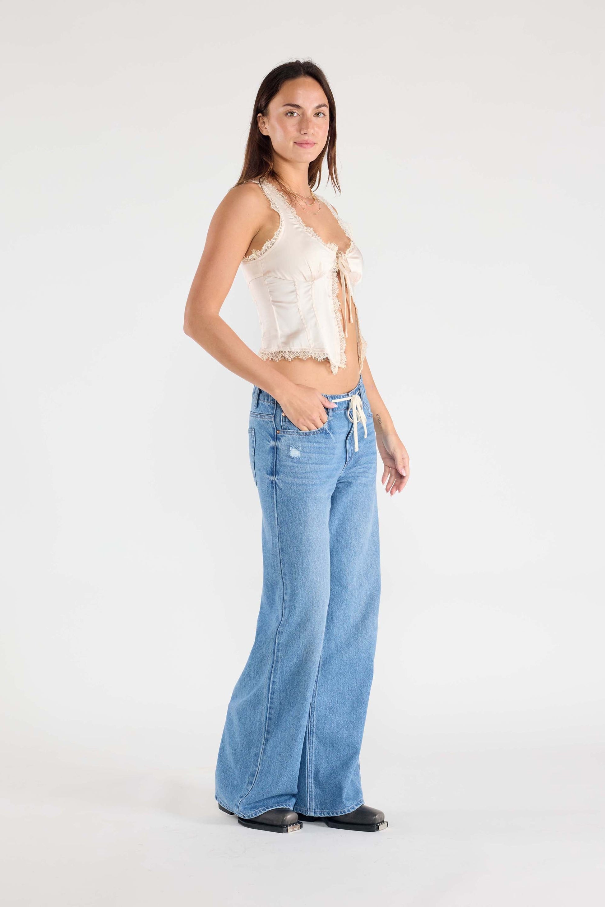 Baggy Wide Leg Jeans with Waist Band String-4