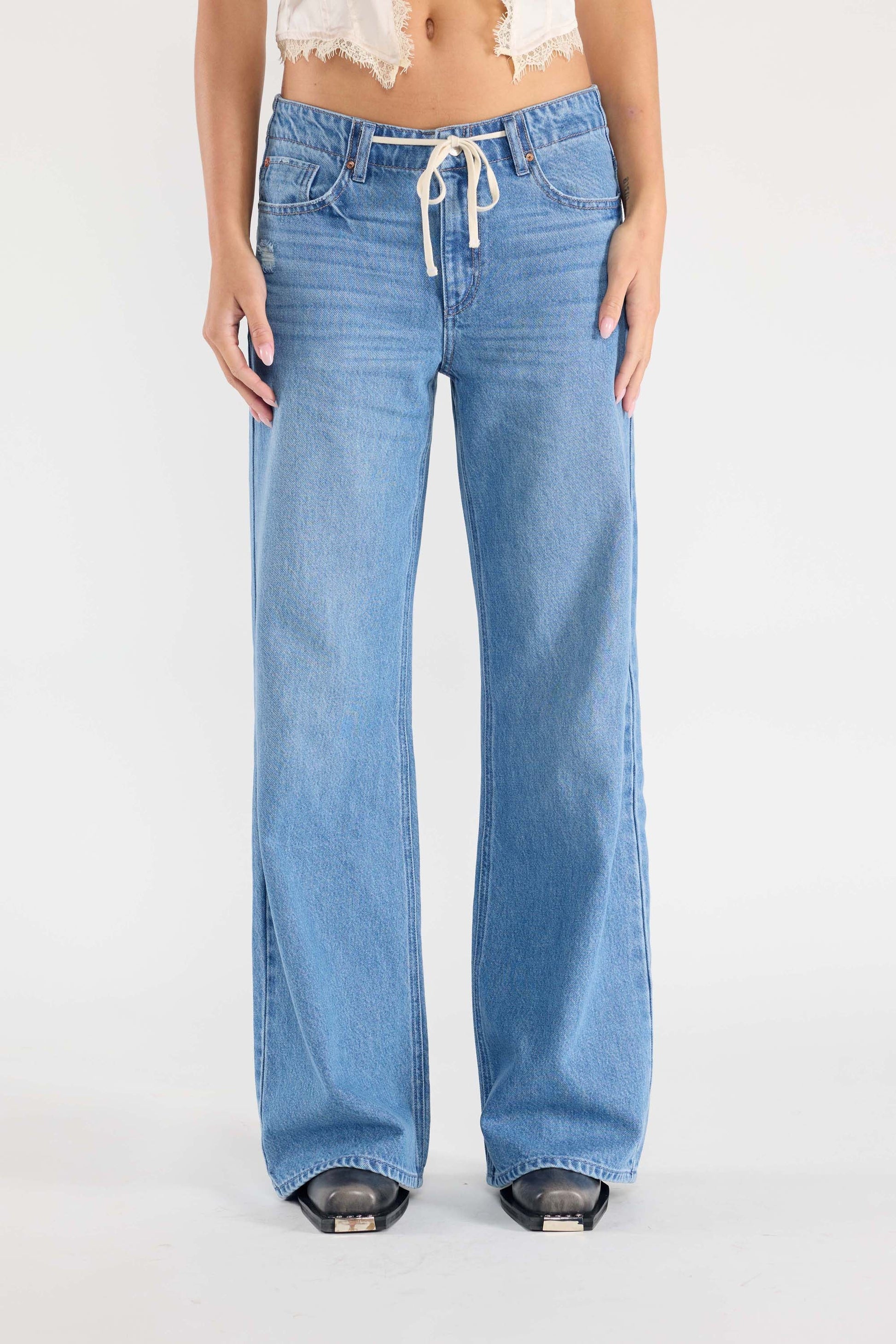 Baggy Wide Leg Jeans with Waist Band String-5