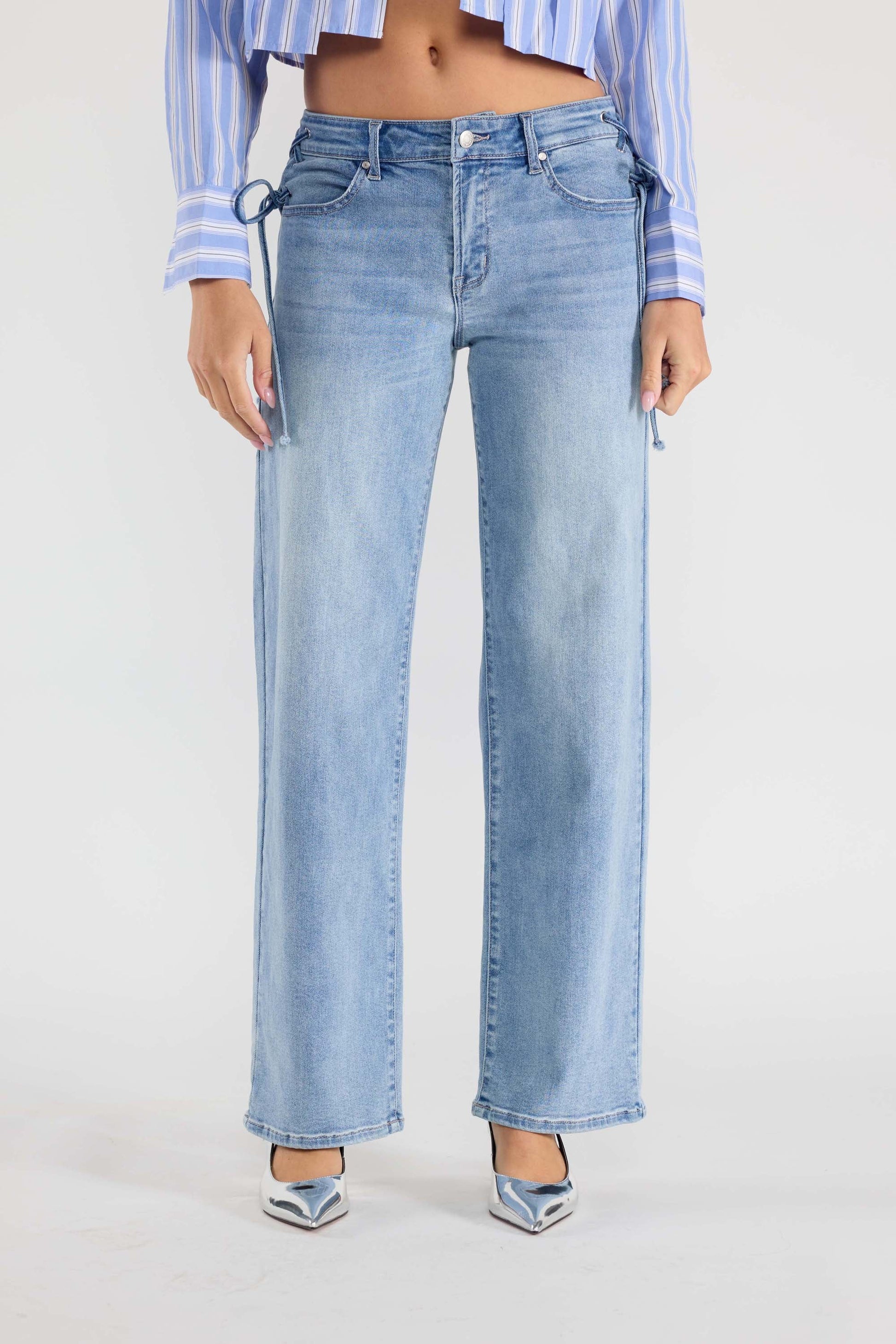 Lace up Side Relaxed Straight Jeans-1