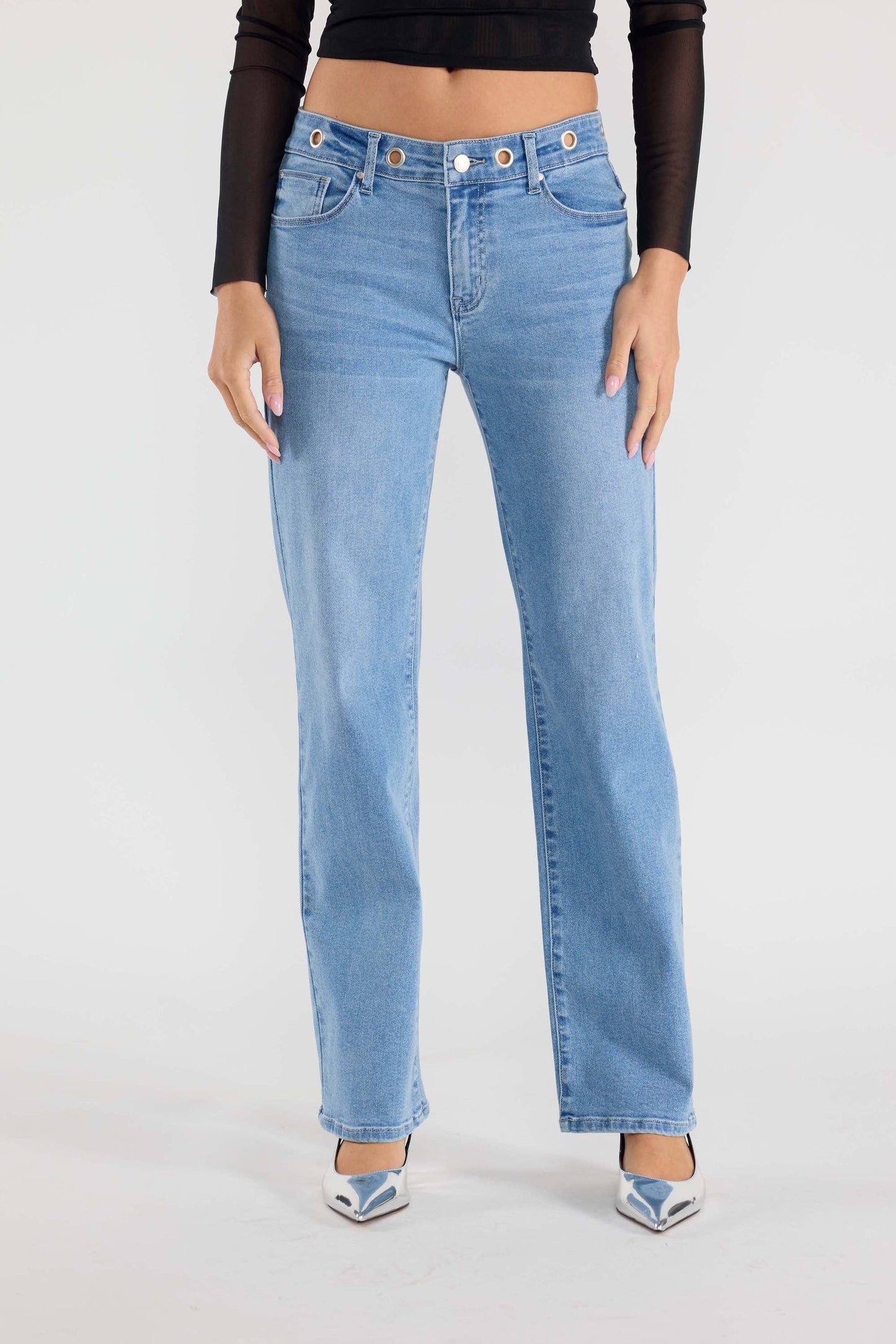 Eyelet Waist Band Straight Jeans-1