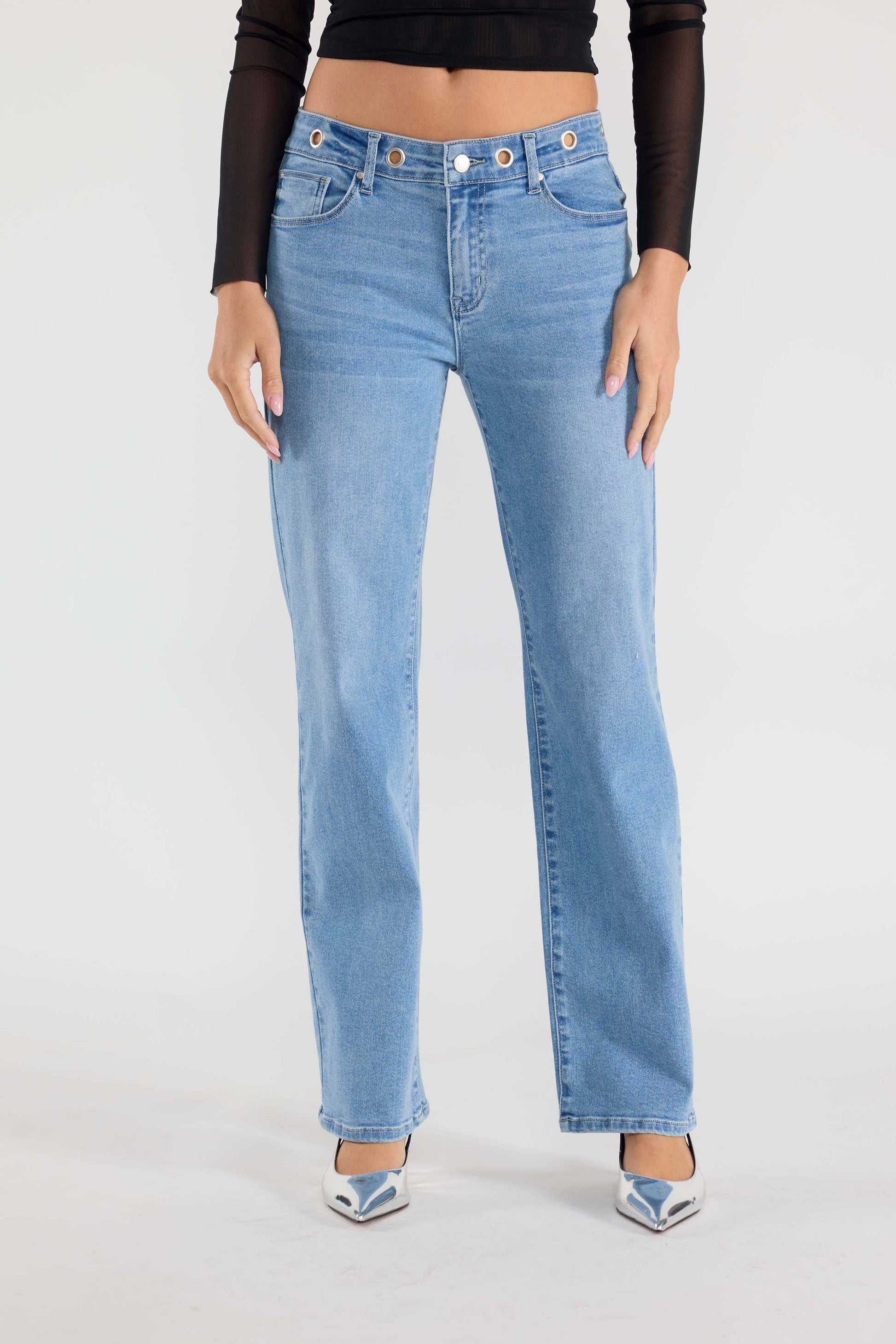 Eyelet Waist Band Straight Jeans-1