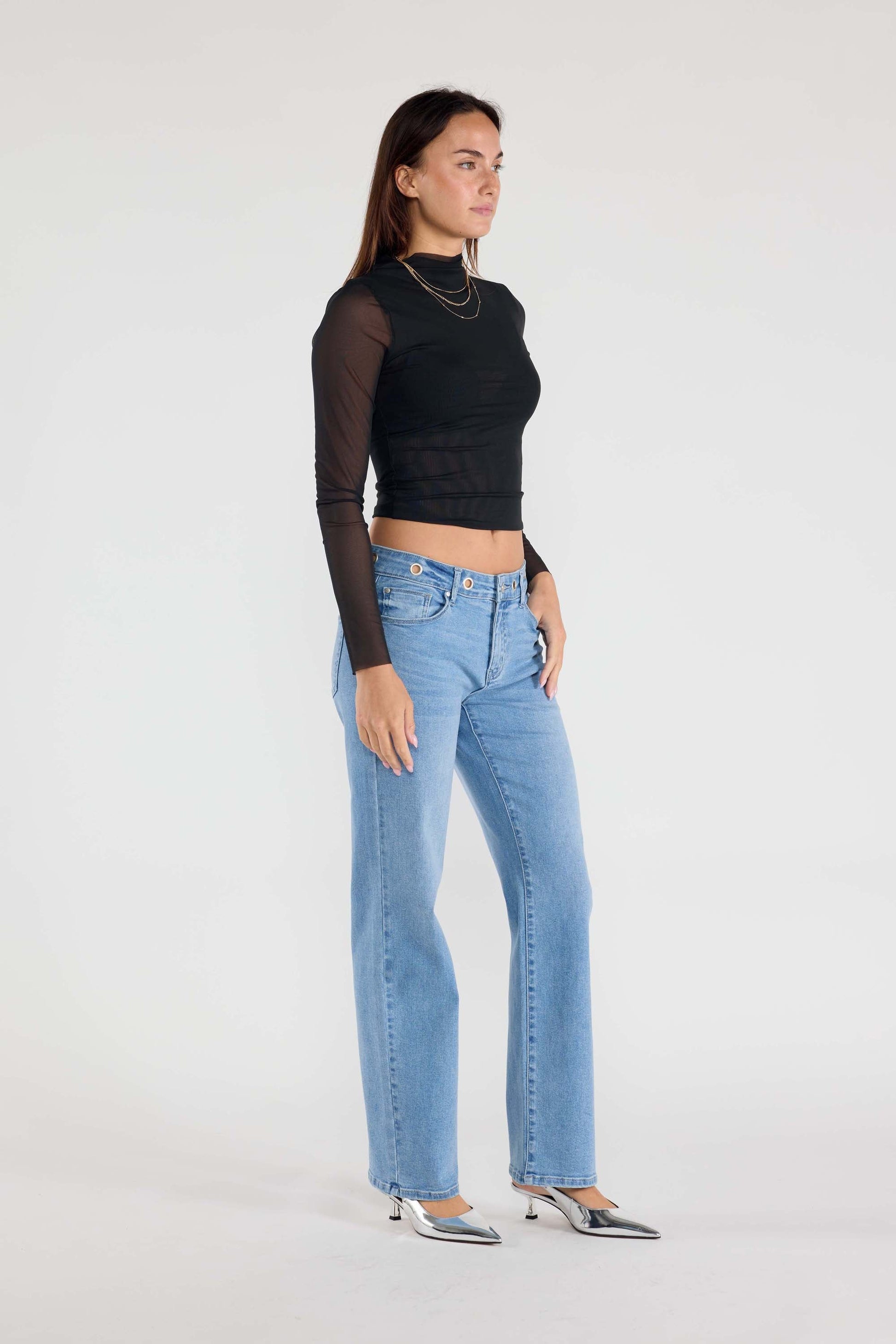 Eyelet Waist Band Straight Jeans-4