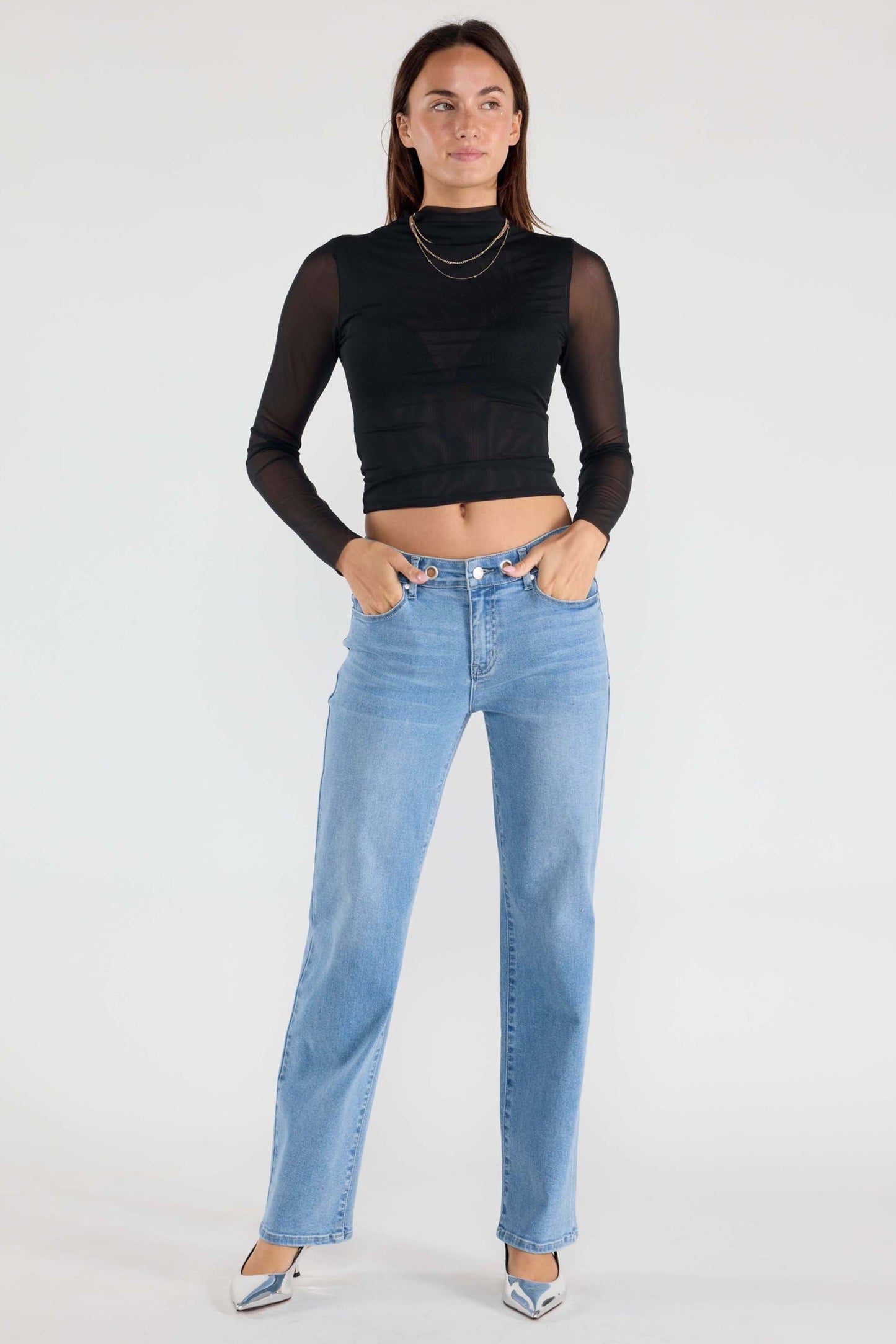 Eyelet Waist Band Straight Jeans-0