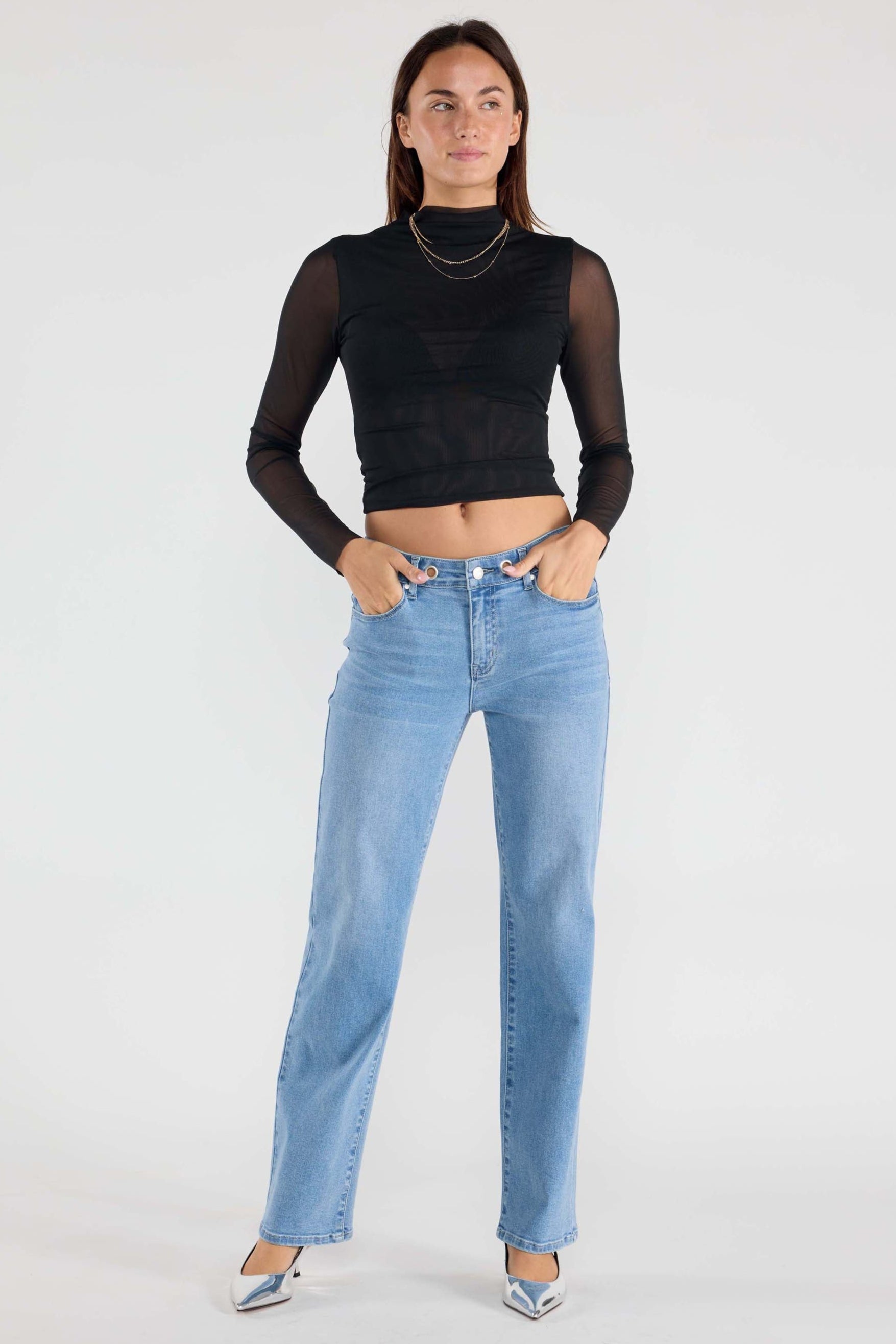 Eyelet Waist Band Straight Jeans-0