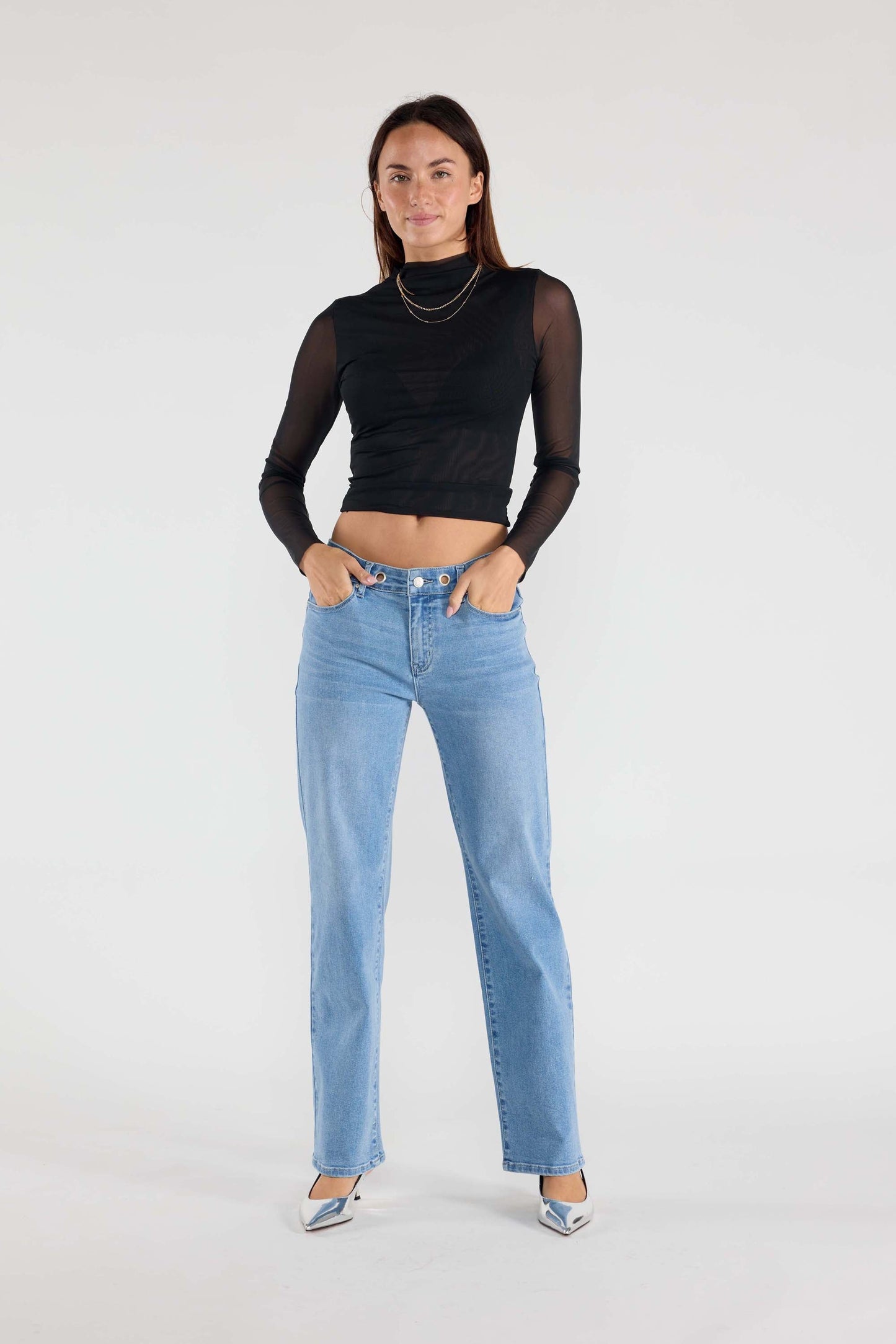 Eyelet Waist Band Straight Jeans-2