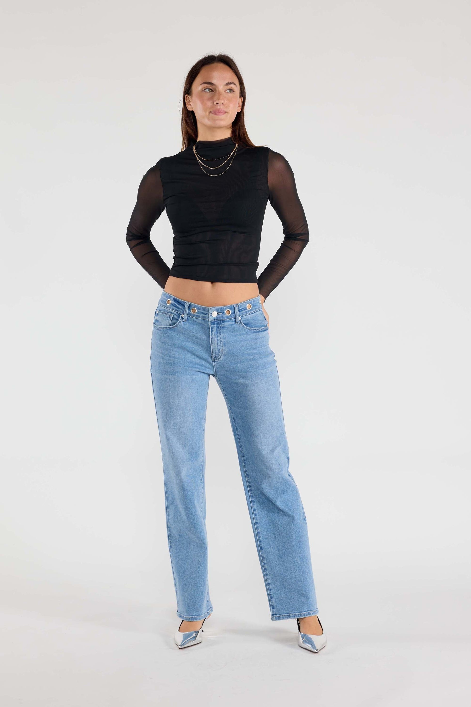 Eyelet Waist Band Straight Jeans-3
