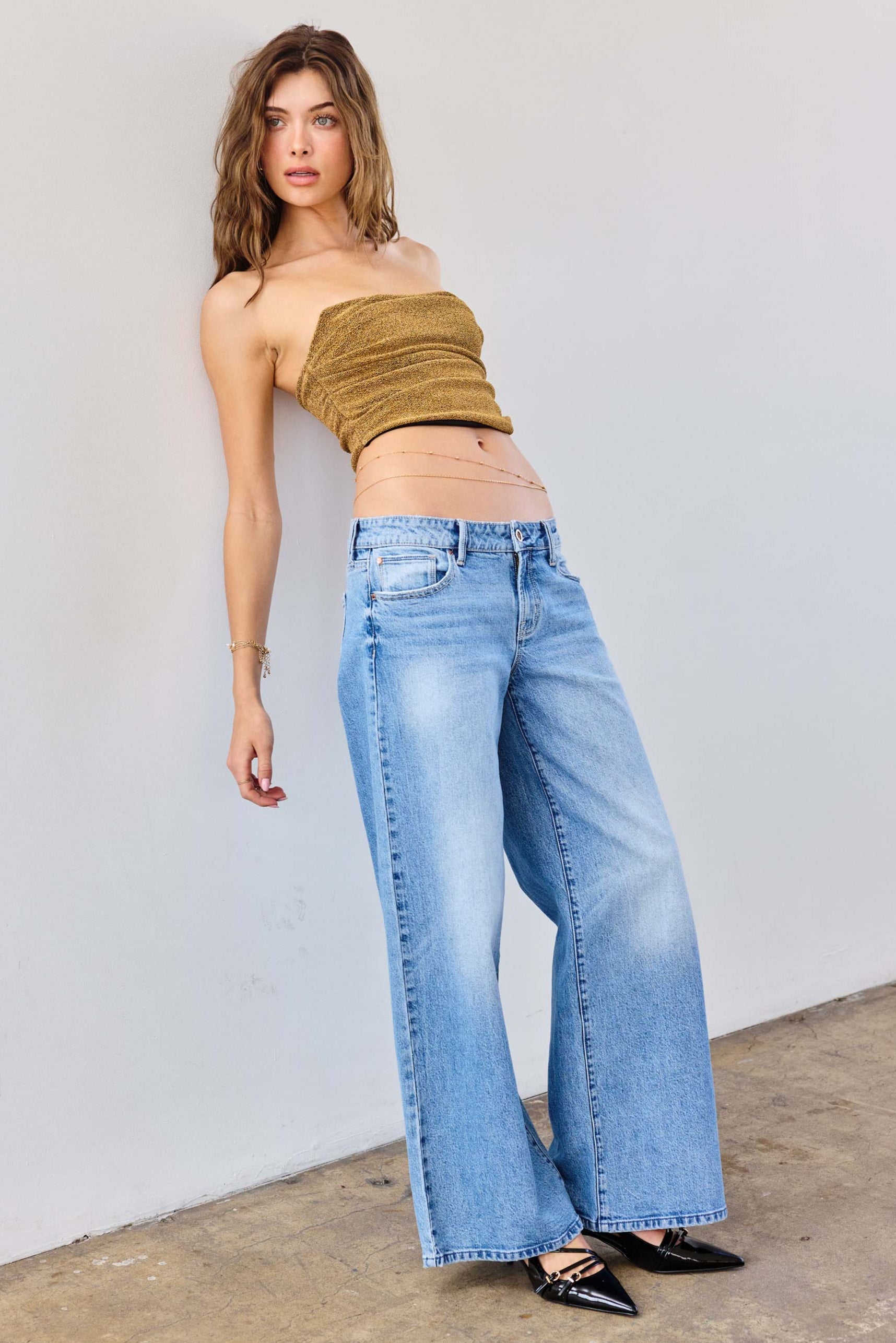Low Waist Stone wash Baggy Wide Leg Jeans-0