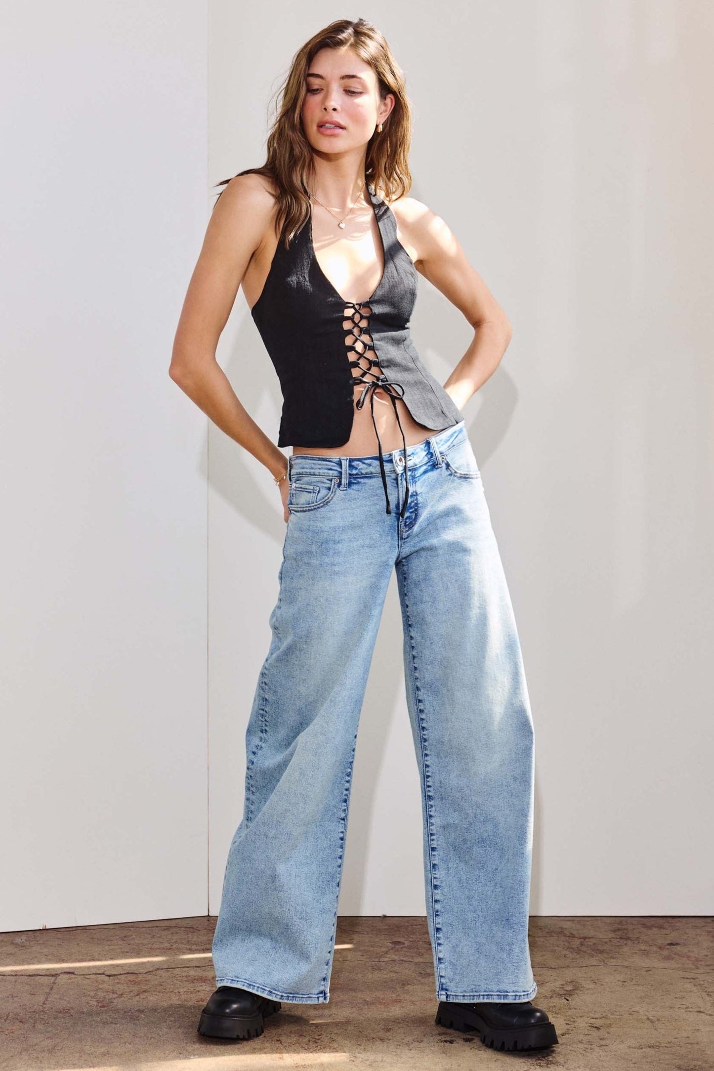 Low Waist Acid Washed Baggy Wide Leg Jeans-1