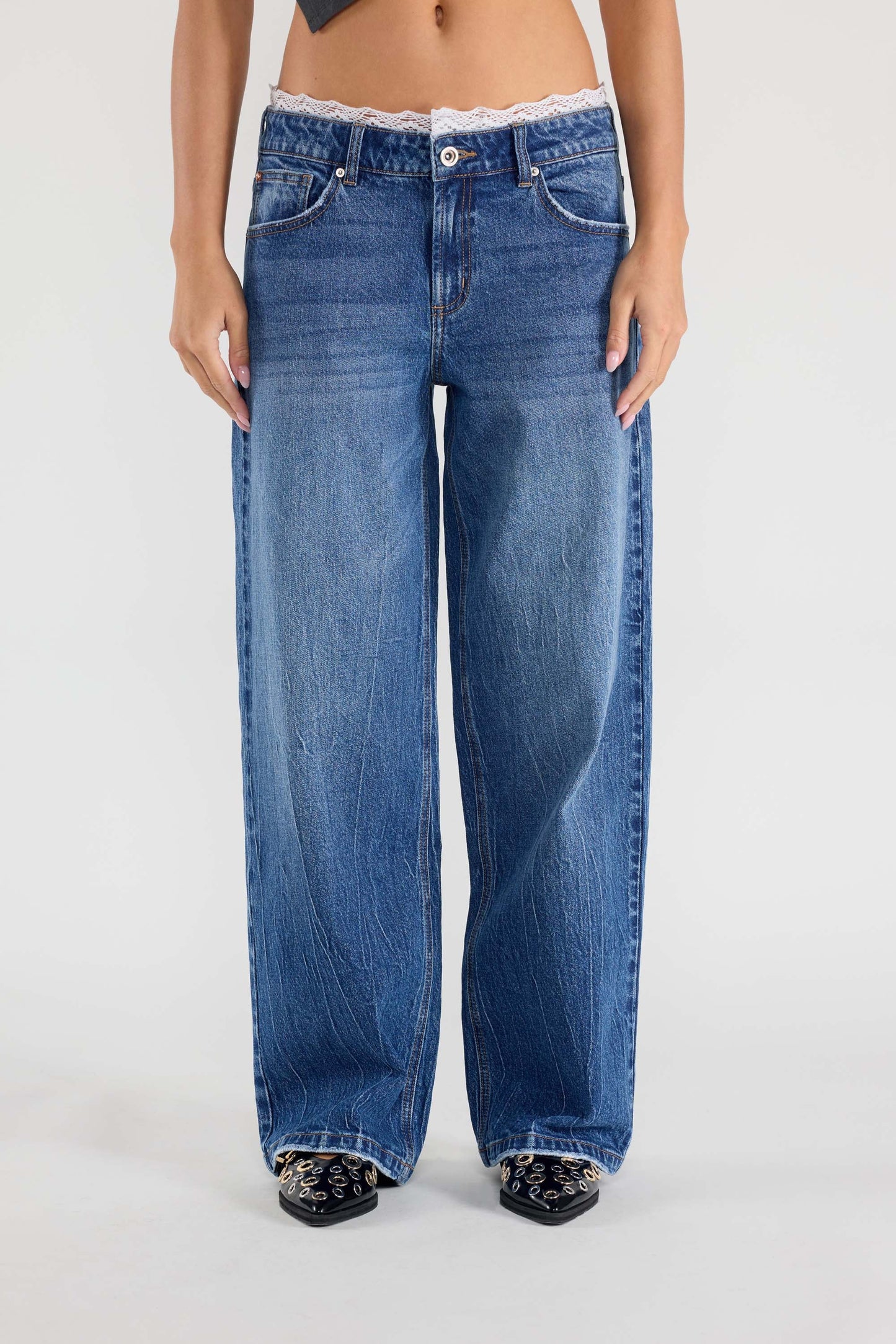 Low Waist Baggy Wide with Waist Band Lace Detail-1