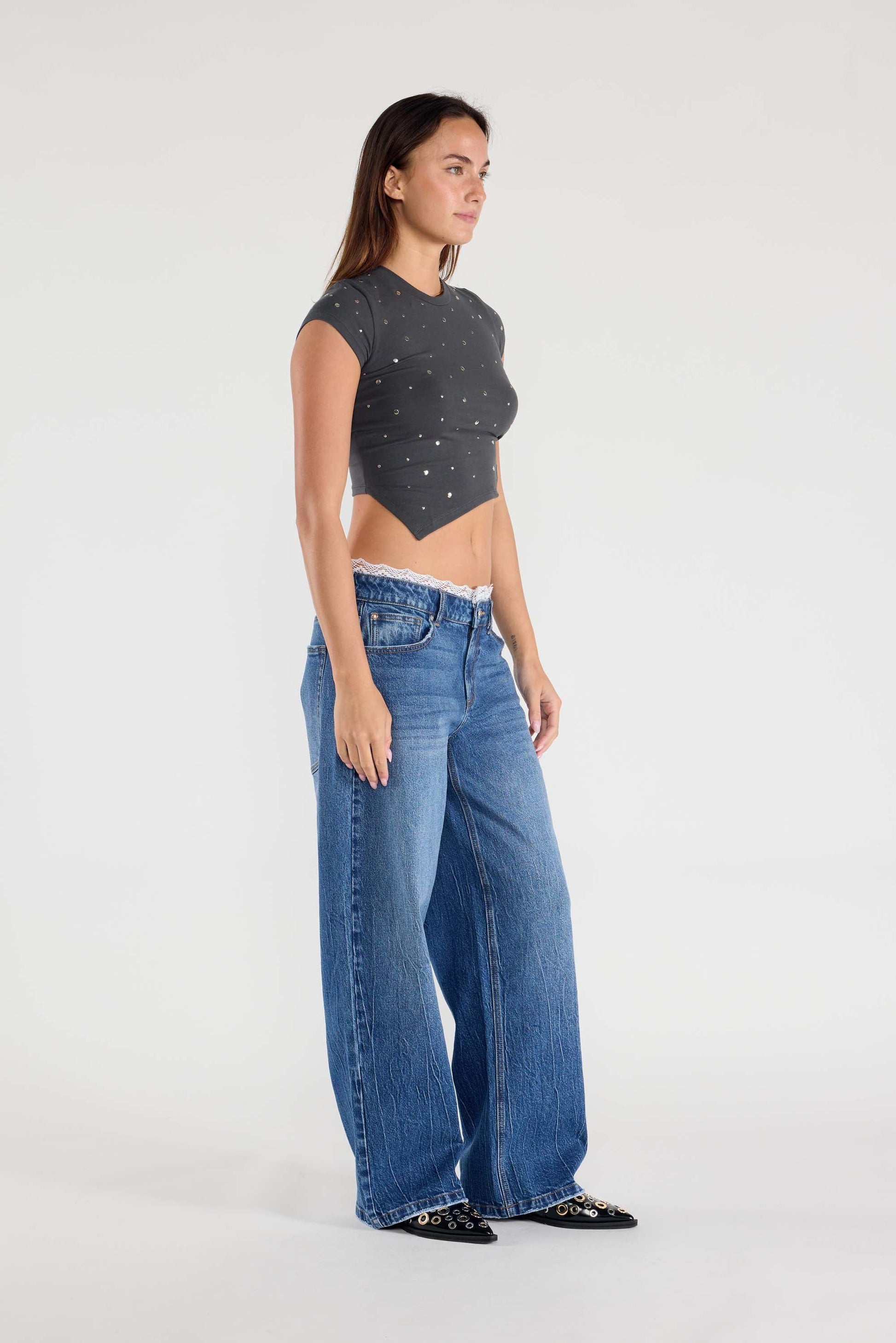 Low Waist Baggy Wide with Waist Band Lace Detail-3
