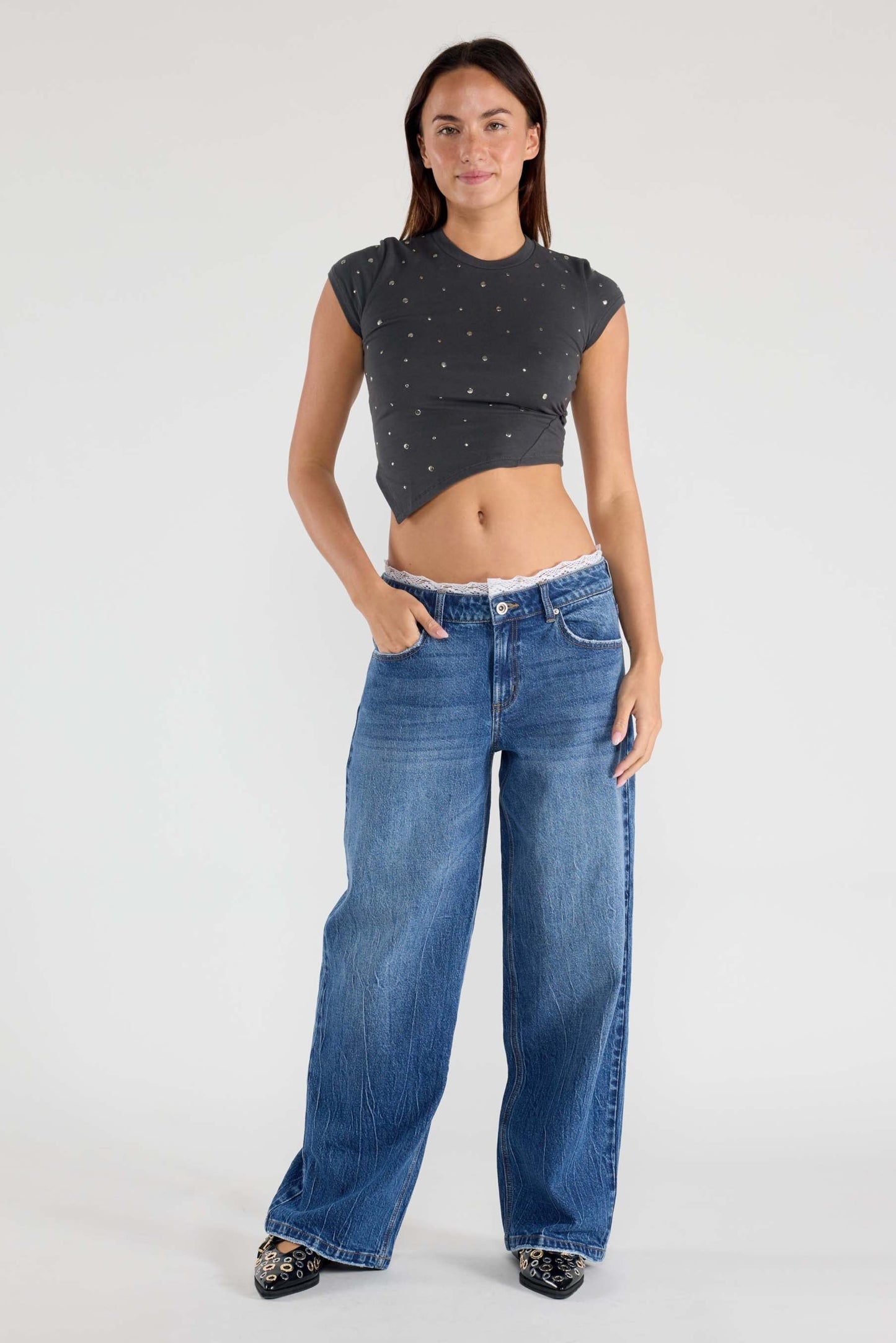 Low Waist Baggy Wide with Waist Band Lace Detail-2