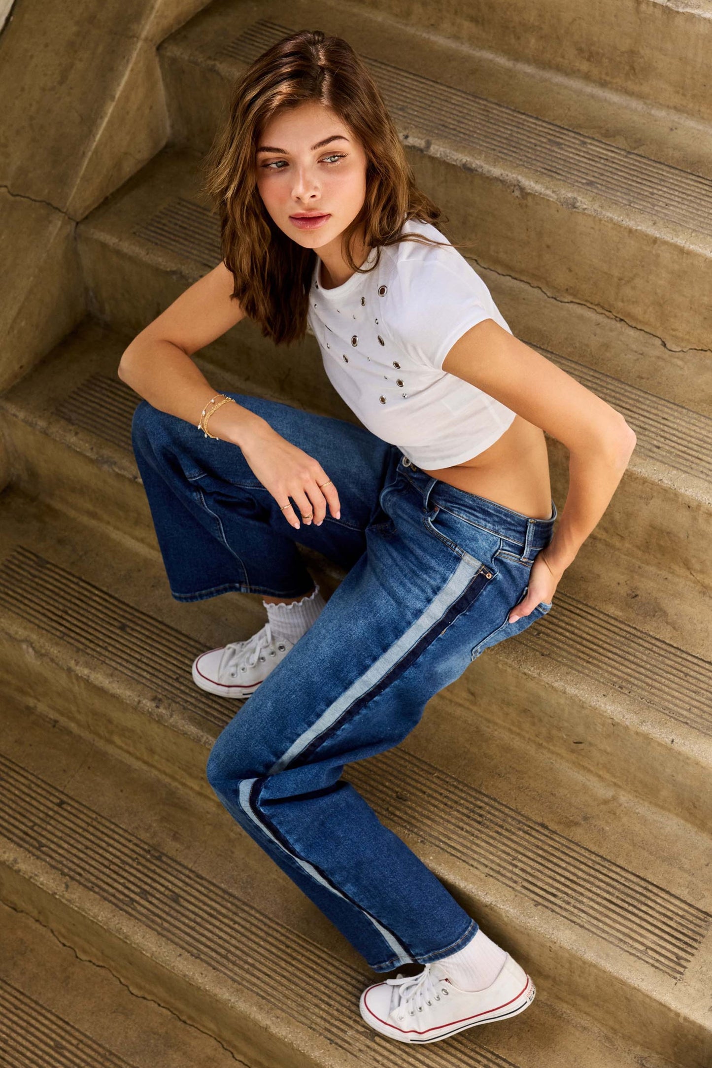 Low Waist Baggy Straight Jeans with Side Color Block-1