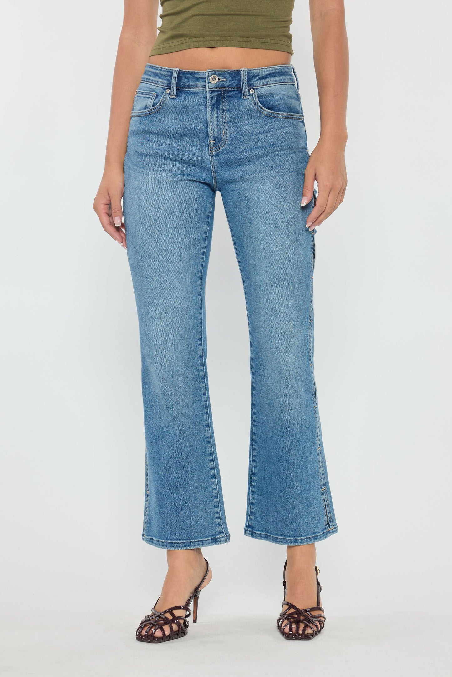 High Rise Relaxed Crop Bootcut Jeans with Side Cut-out hole Detail-3
