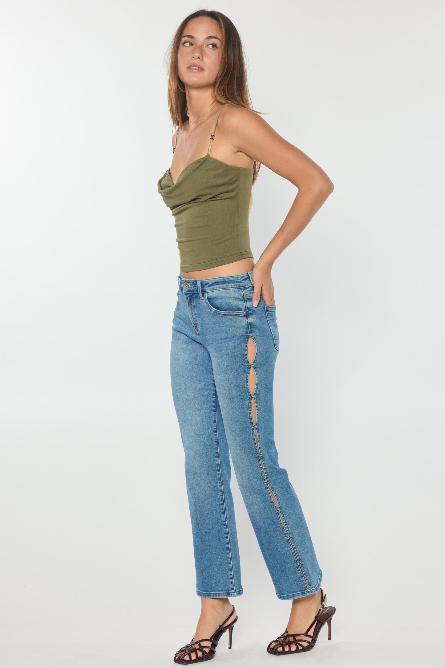 High Rise Relaxed Crop Bootcut Jeans with Side Cut-out hole Detail-0