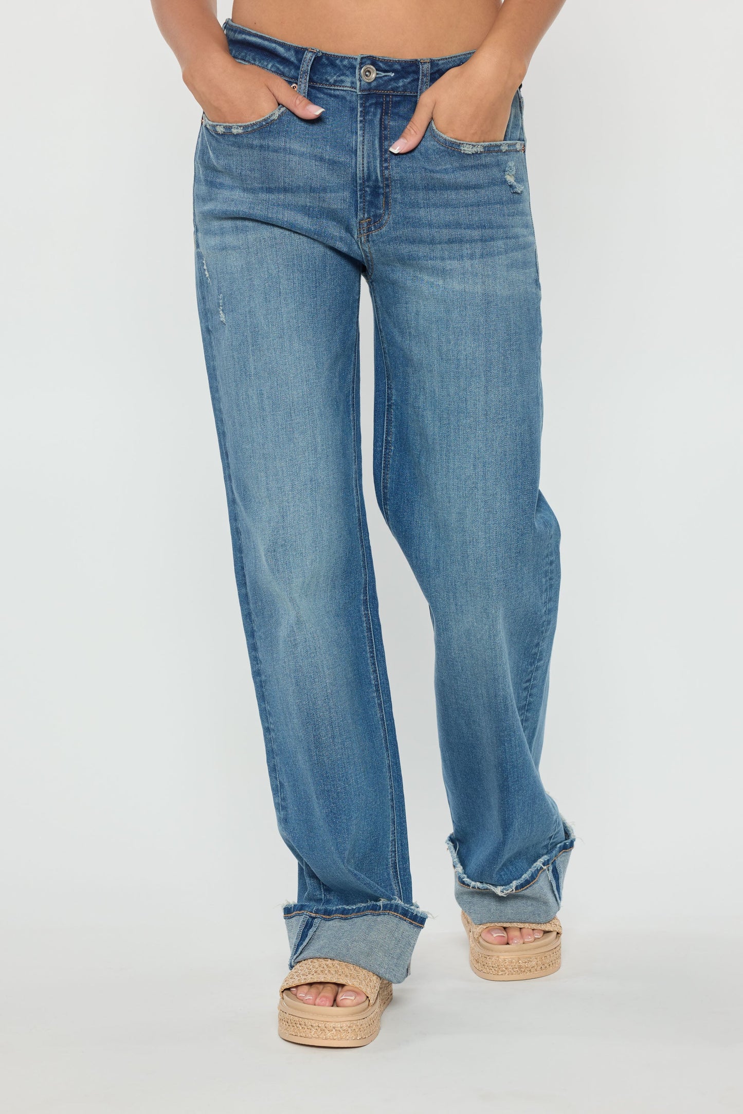 Mid Waist Baggy Wide Leg Jeans with Wide Cuffed Hem-1