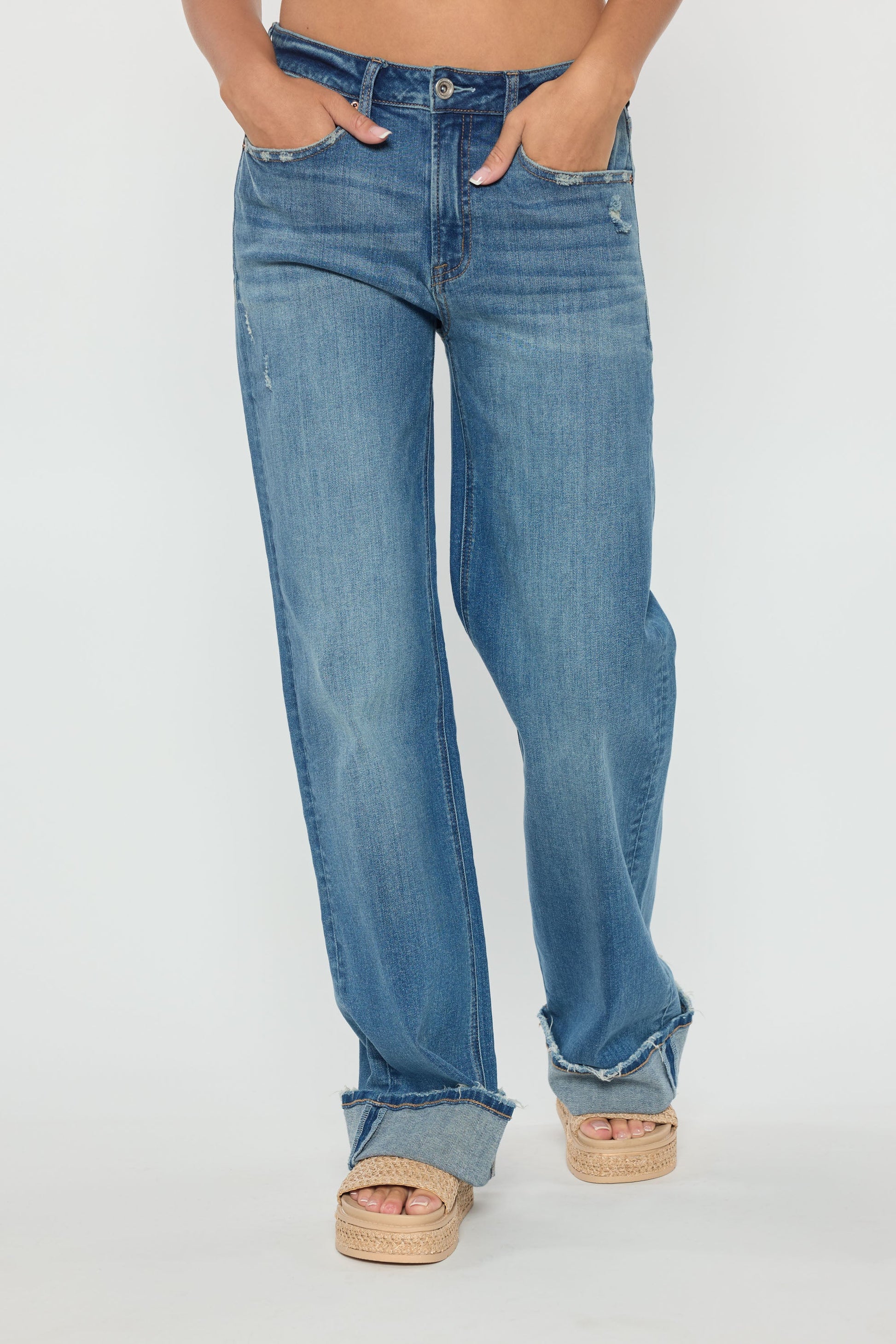 Mid Waist Baggy Wide Leg Jeans with Wide Cuffed Hem-1