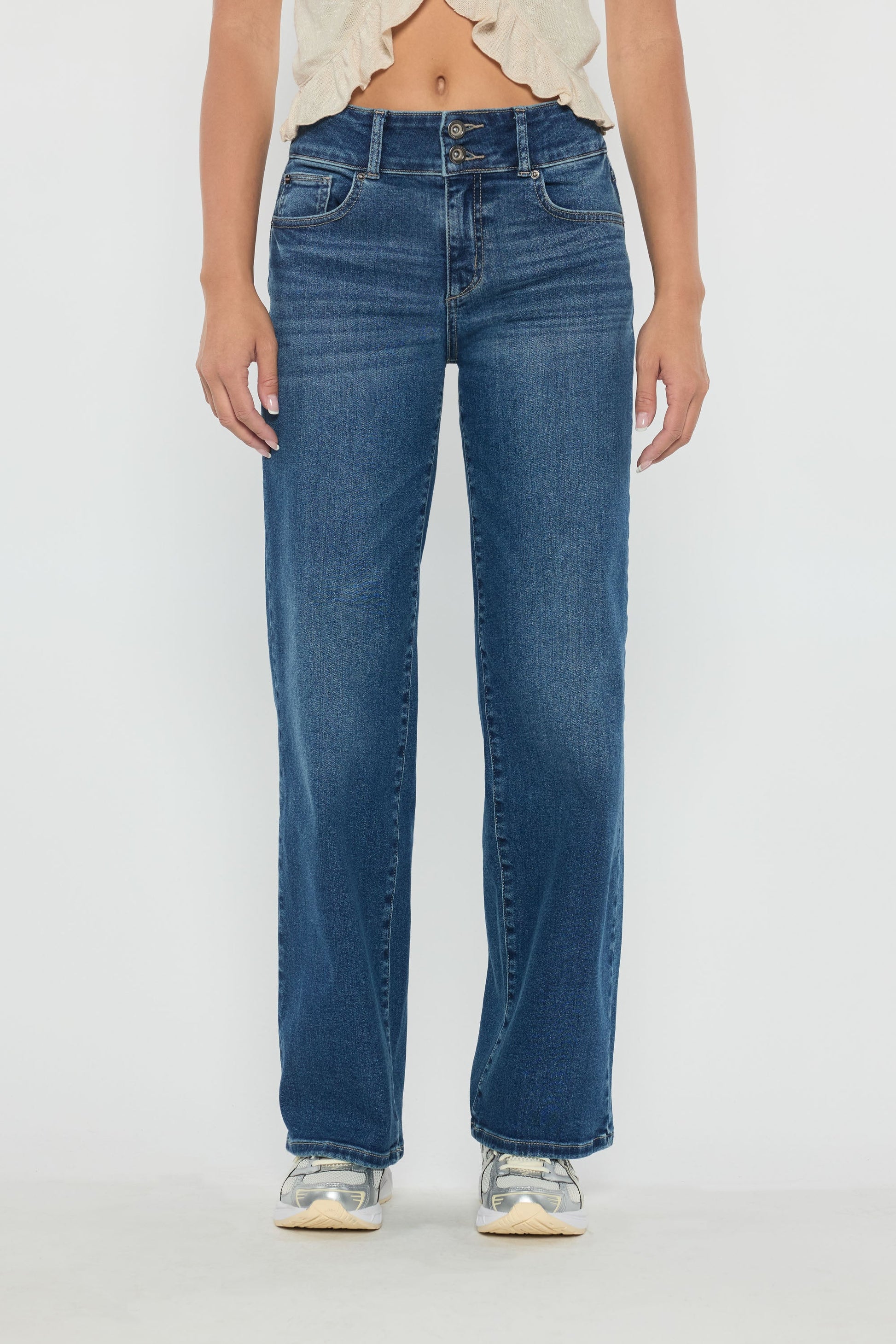 High Rise Two Button Wide Leg Jeans-4