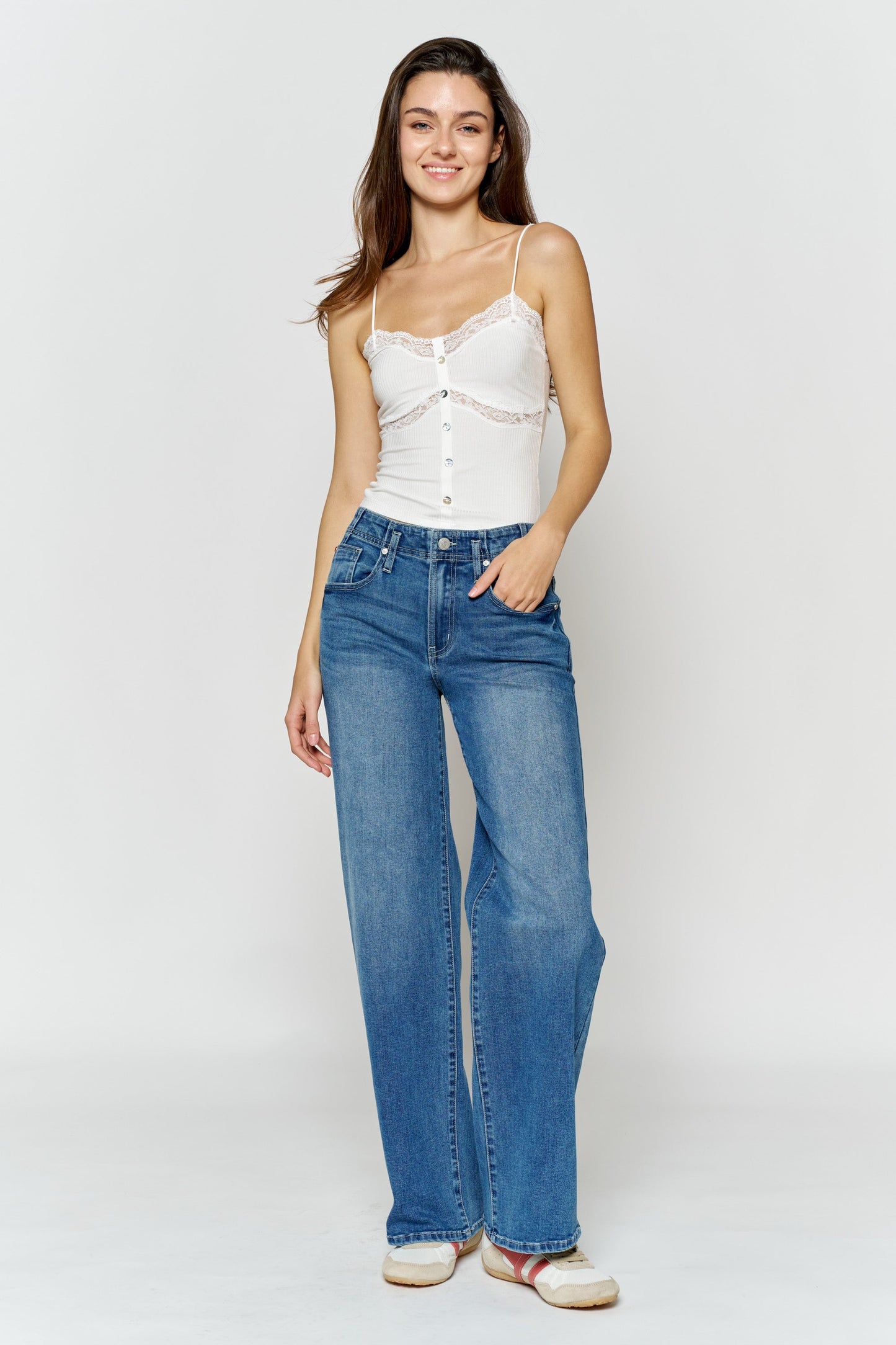 High Rise Wide Leg Jeans with Corset Waist Detail-2