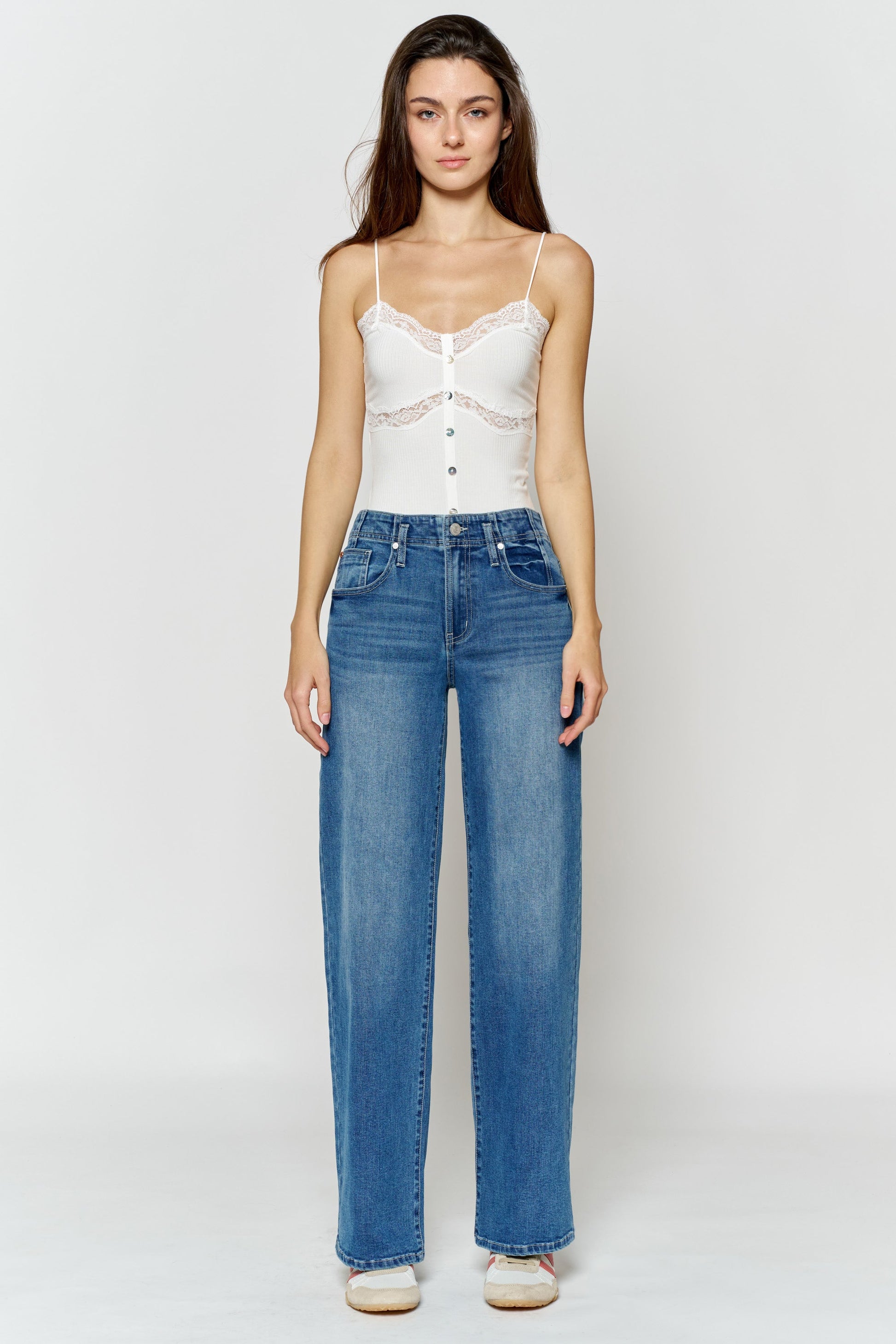 High Rise Wide Leg Jeans with Corset Waist Detail-4