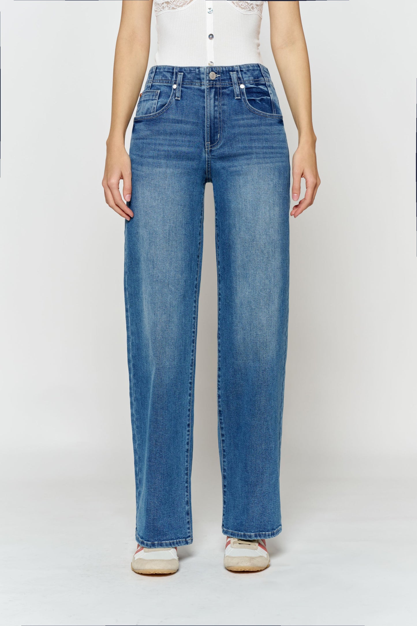 High Rise Wide Leg Jeans with Corset Waist Detail-3