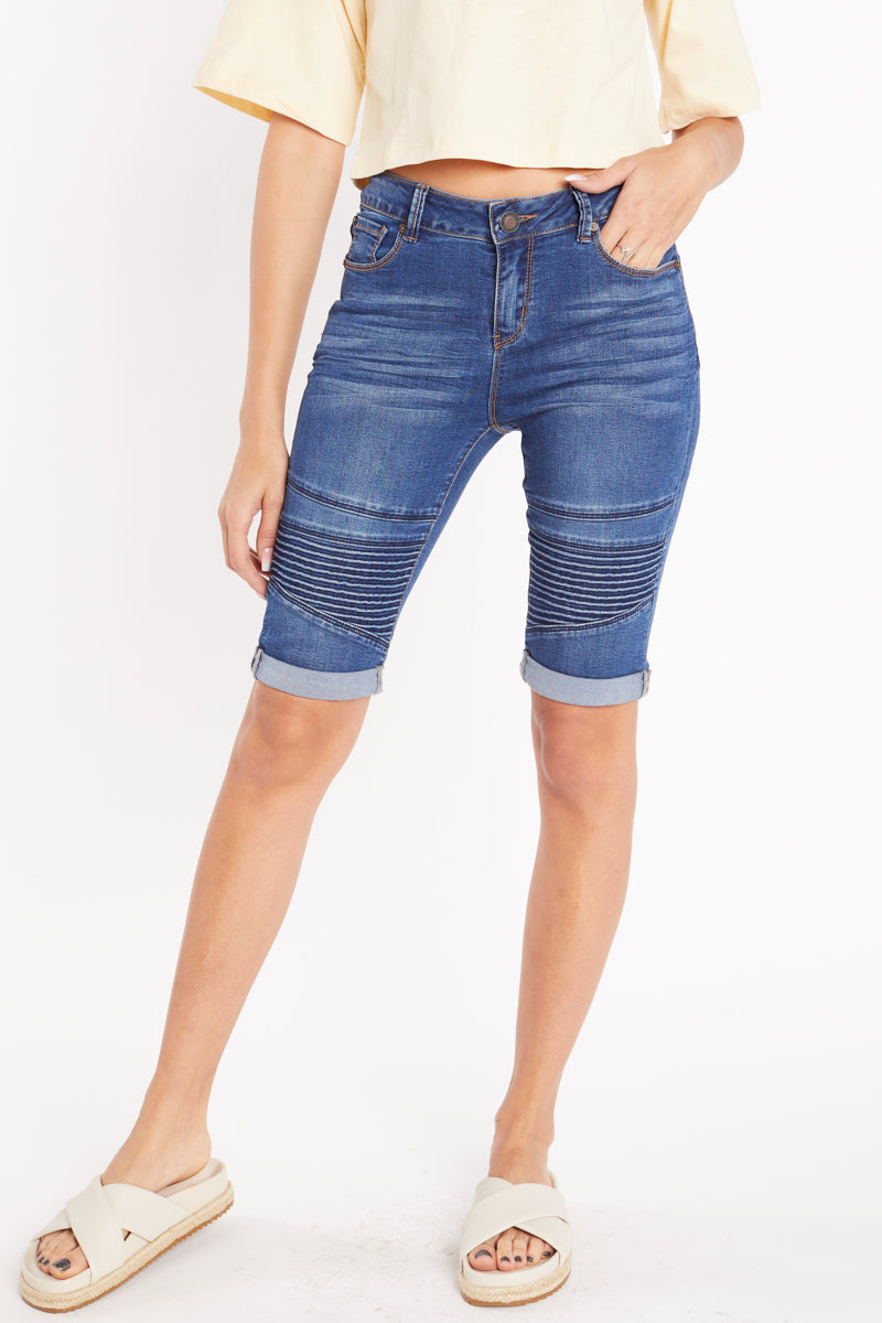 Mid Rise 5 Pocket Bermuda Denim Shorts-0