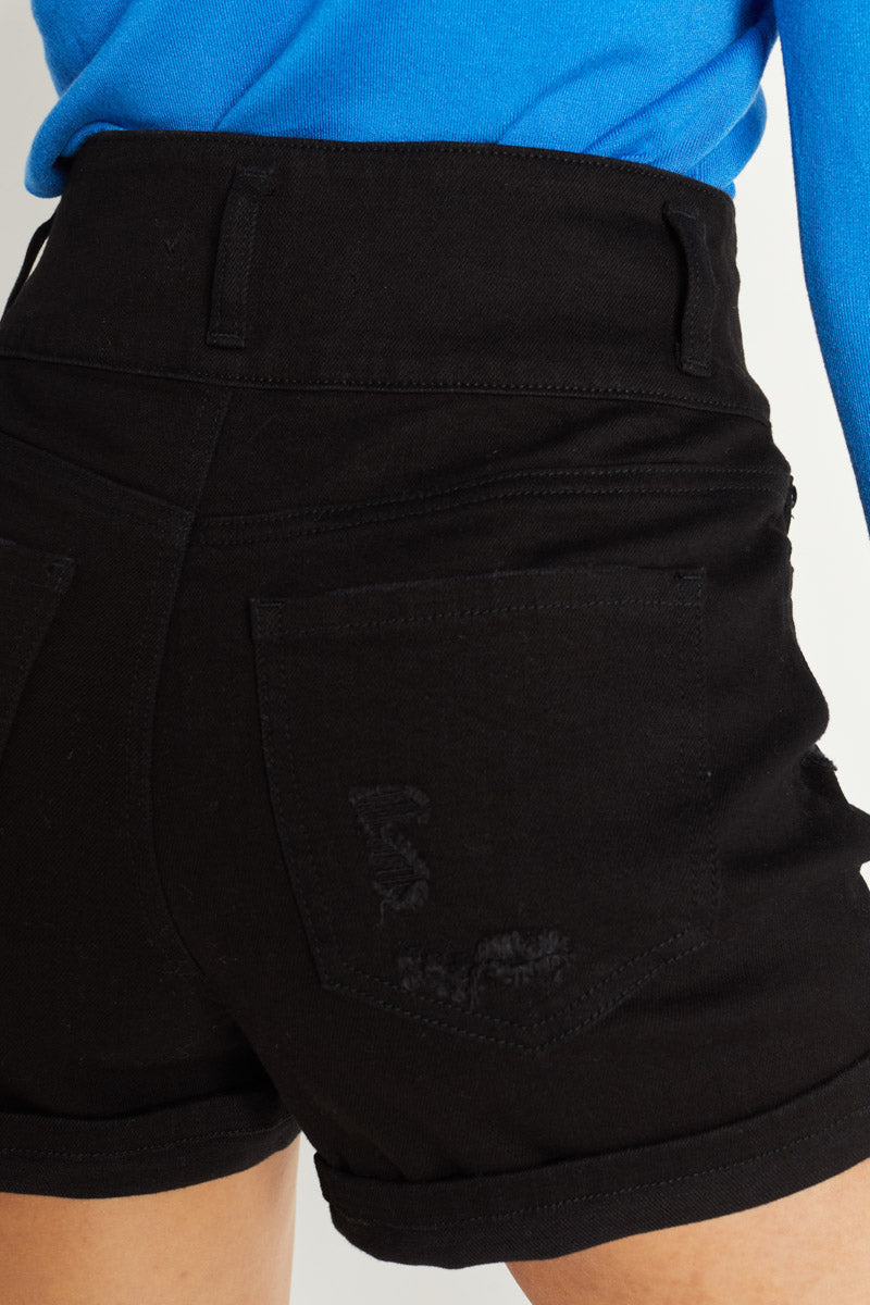 High-Rise 3 Button Destressed Denim Shorts-3