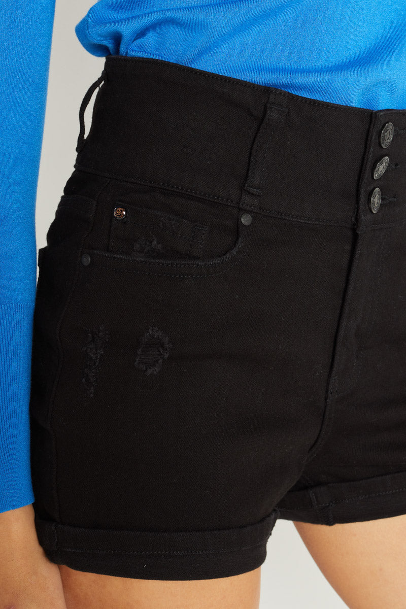 High-Rise 3 Button Destressed Denim Shorts-4
