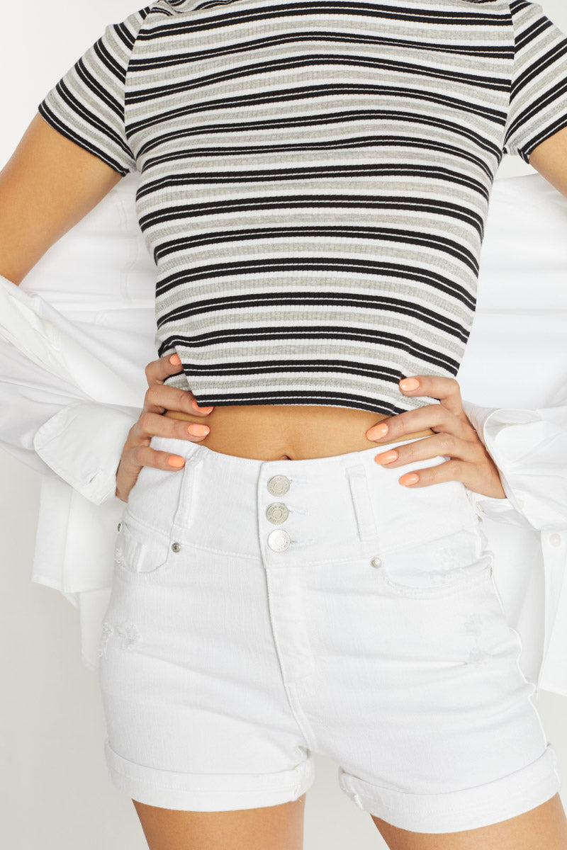 High-Rise 3 Button Destressed Denim Shorts-1
