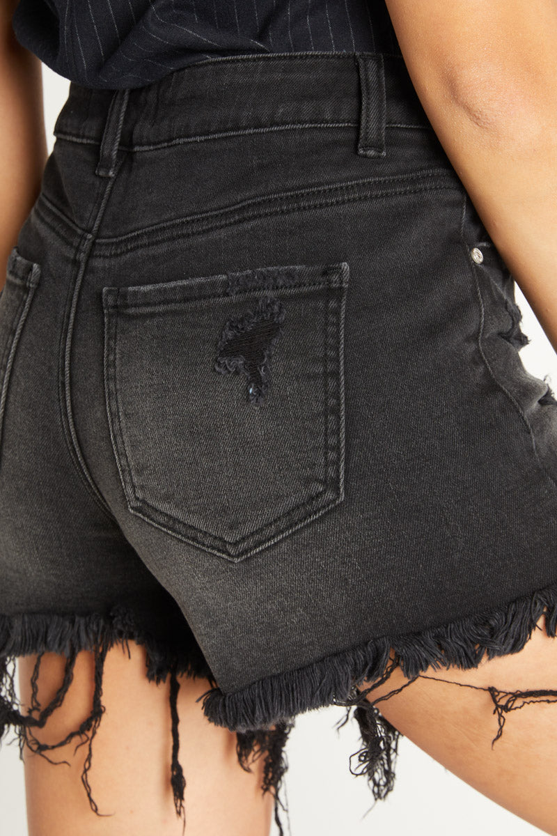 High Rise Distressed Denim Shorts-3