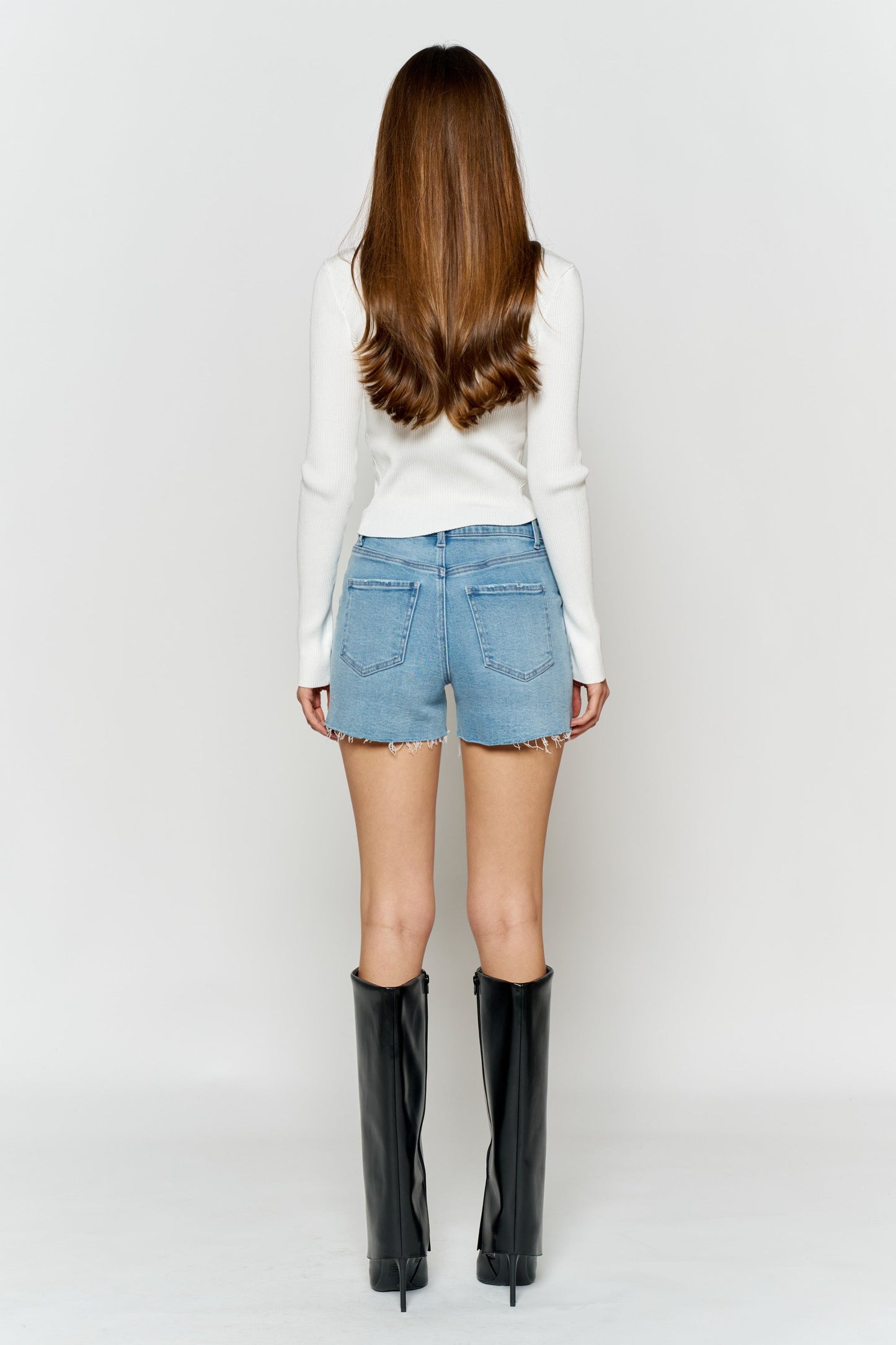 High Rise Distressed Cut Off Denim Shorts-4