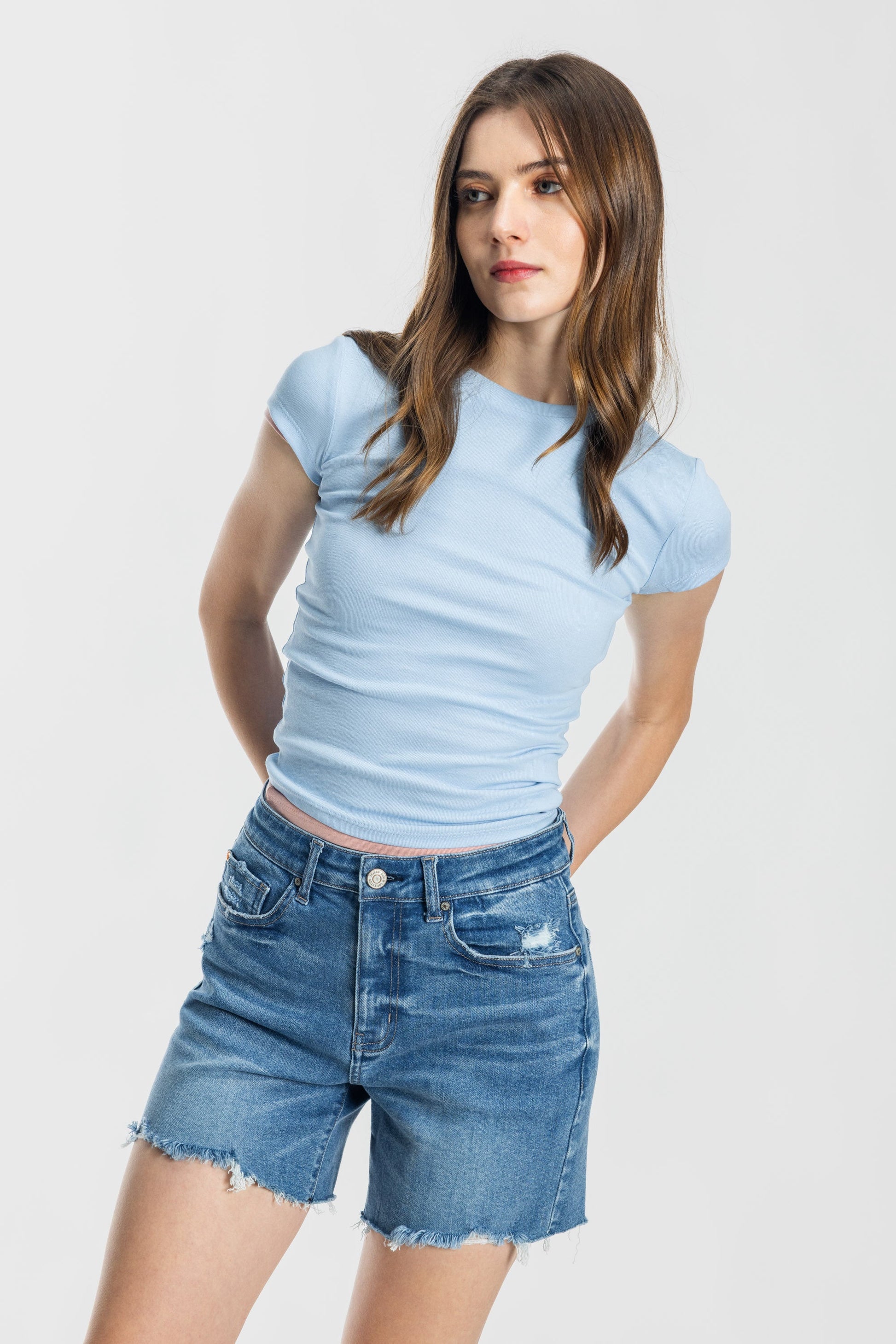 Mid Length Distressed Cut Off Denim Shorts-3
