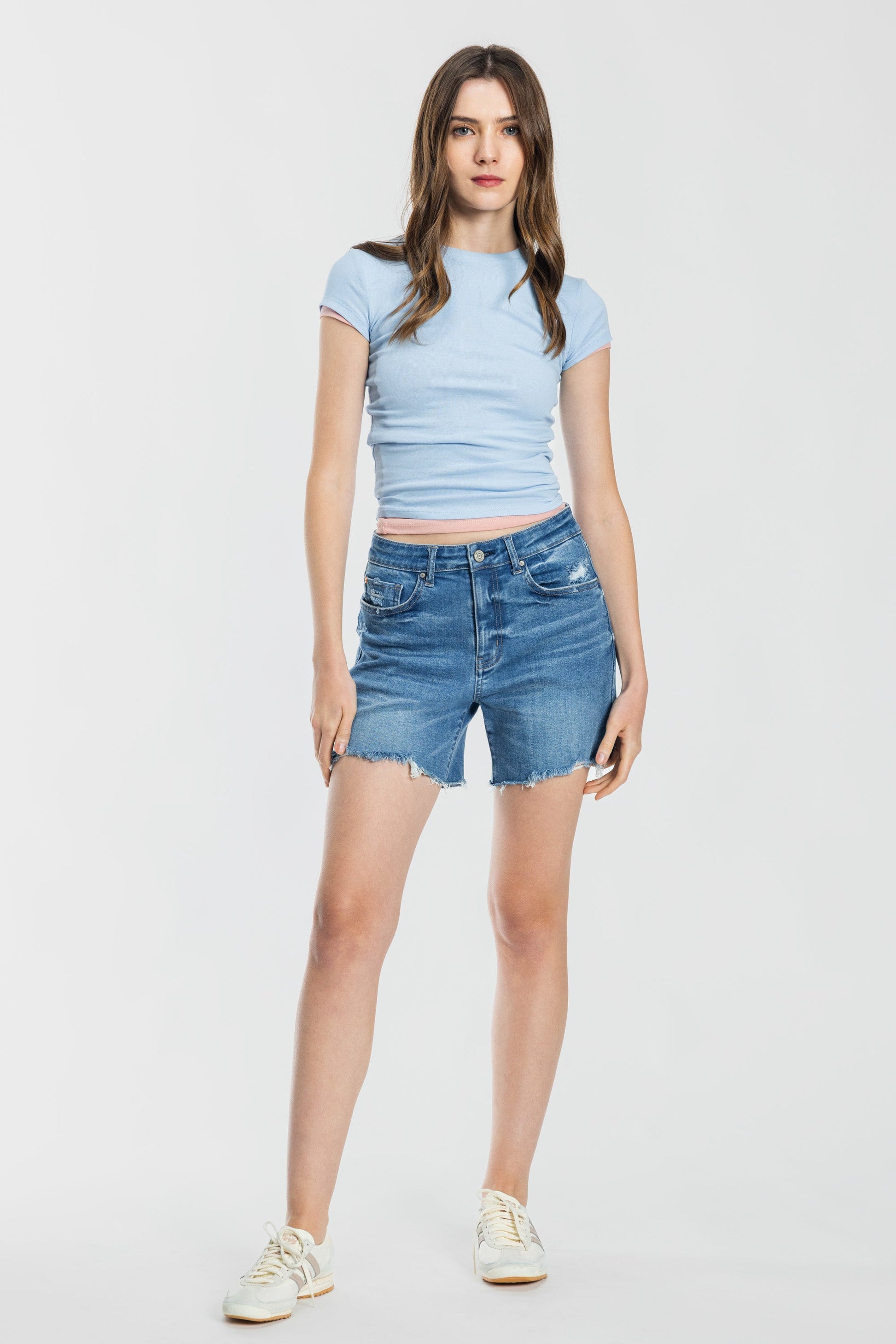 Mid Length Distressed Cut Off Denim Shorts-4
