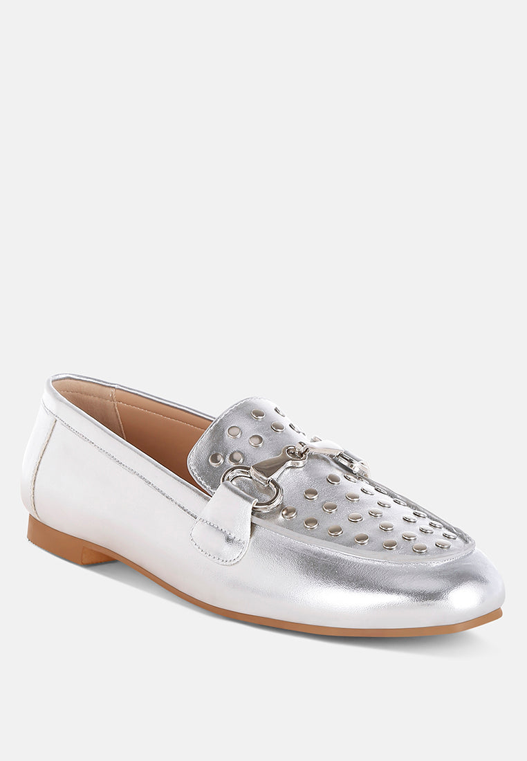 Estafa Horsebit &amp; Studs Metallic Pleather Loafers-1