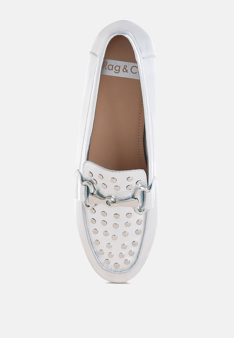 Estafa Horsebit &amp; Studs Metallic Pleather Loafers-3