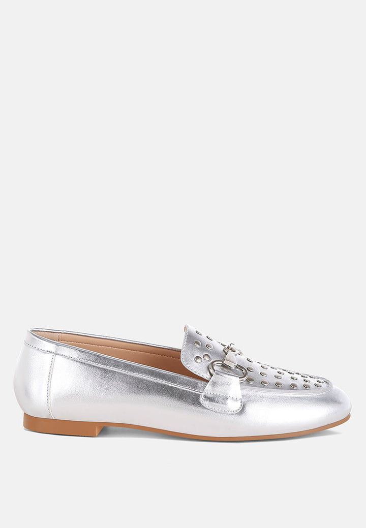 Estafa Horsebit &amp; Studs Metallic Pleather Loafers-0