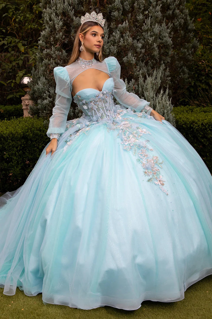 3d flower applique embellished quinceanera train dress with matching bolero GLGL3577-0
