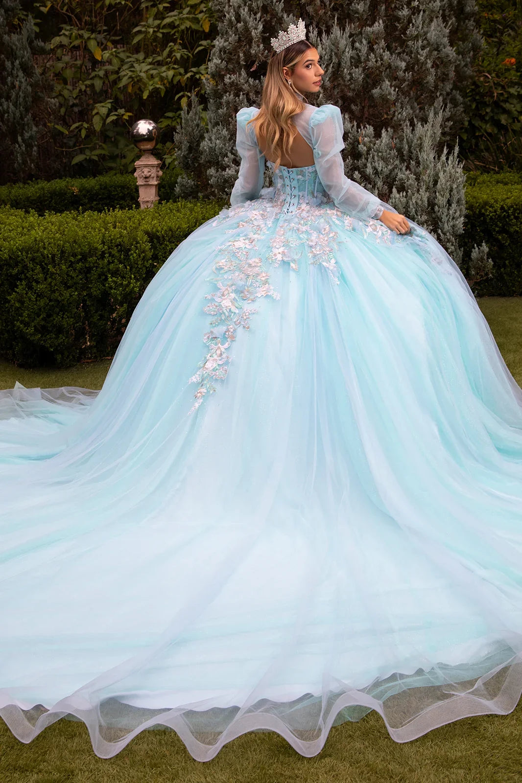 3d flower applique embellished quinceanera train dress with matching bolero GLGL3577-1