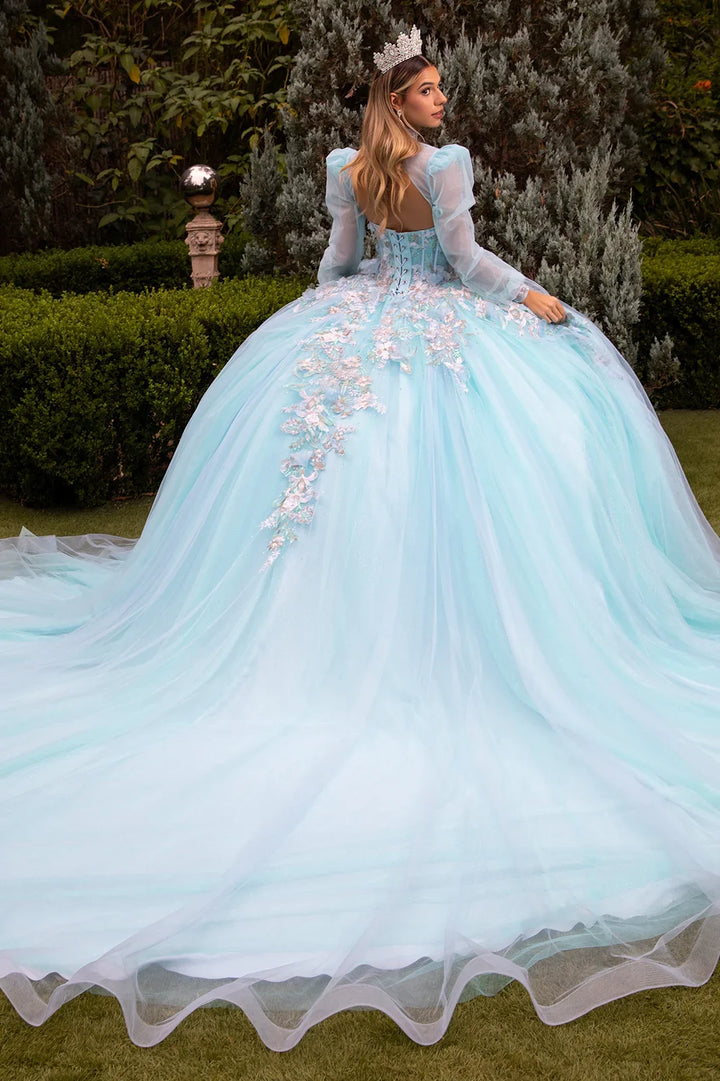 3d flower applique embellished quinceanera train dress with matching bolero GLGL3577-1