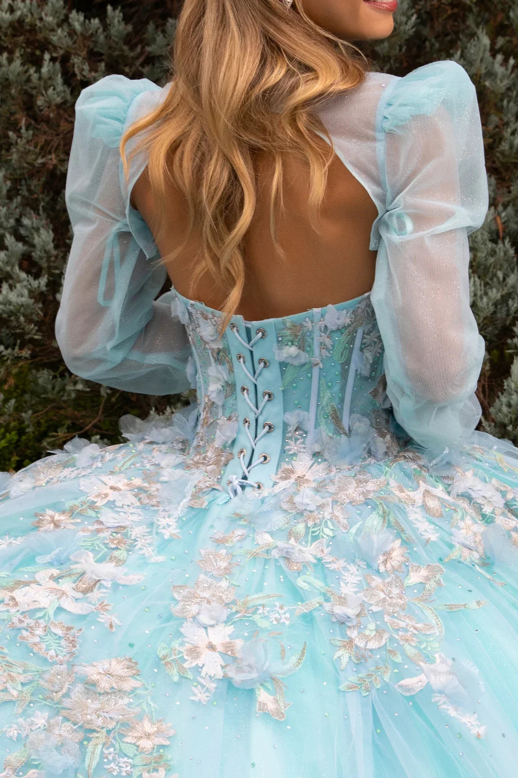 3d flower applique embellished quinceanera train dress with matching bolero GLGL3577-3